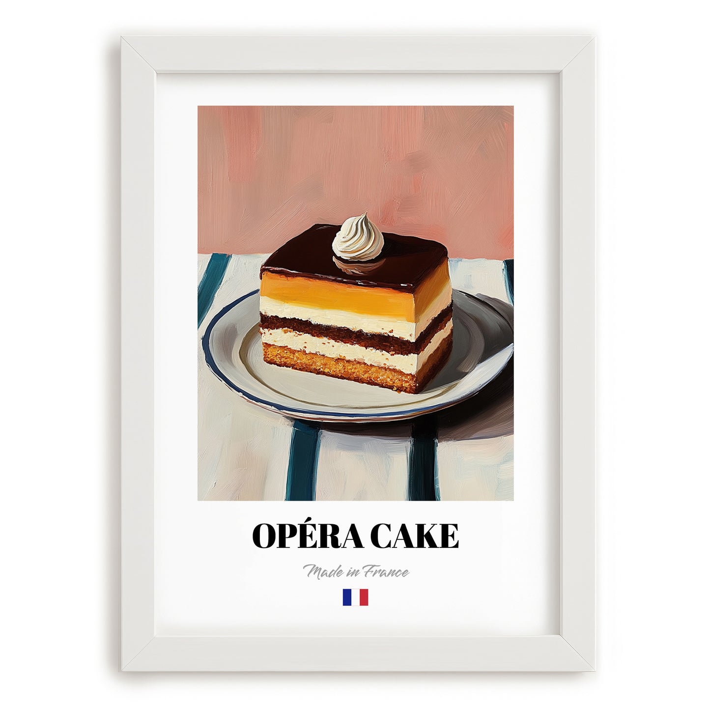 Opéra Cake – on Striped Tablecloth, French French Dessert Still Life, placed in minimal white frame