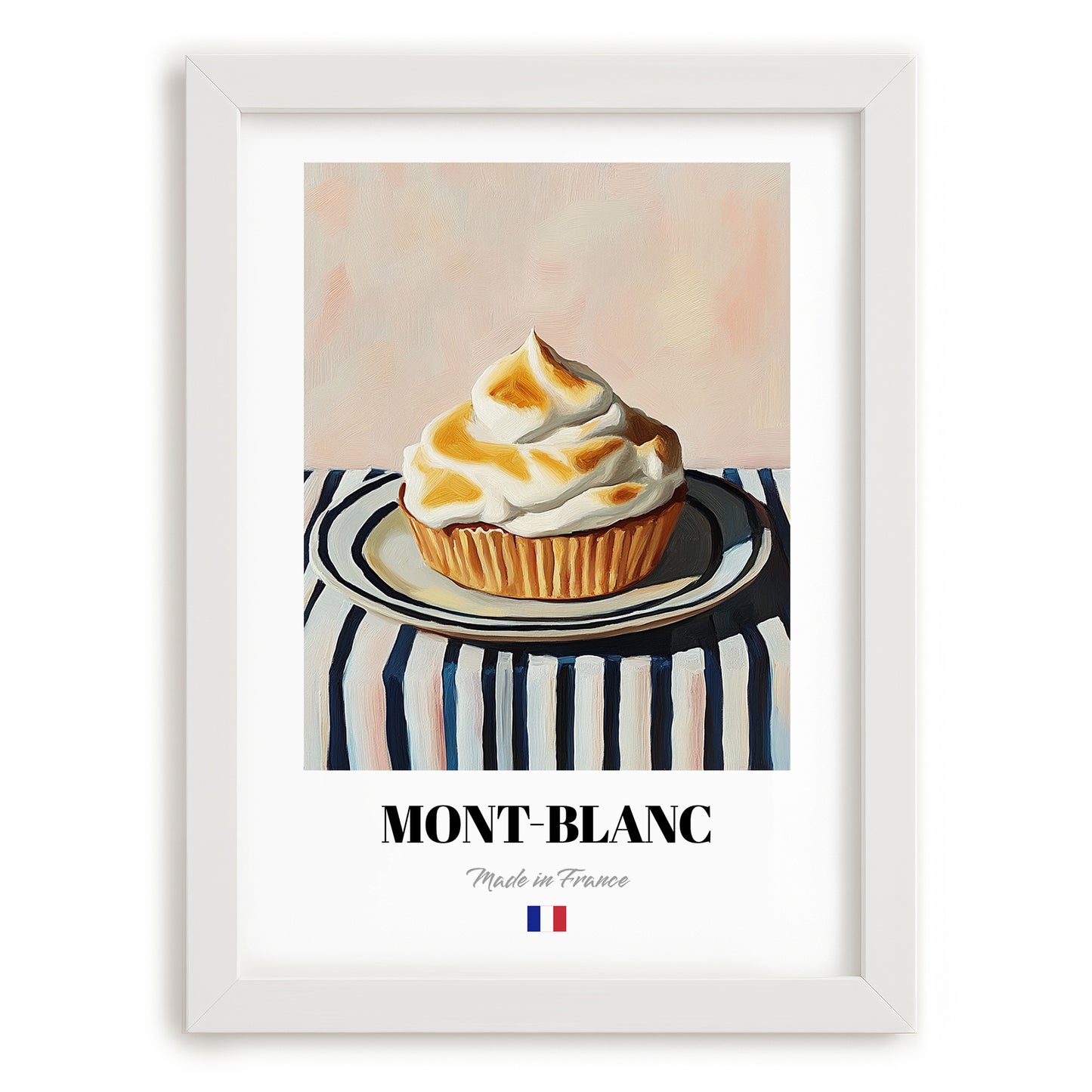 Mont-Blanc – on Striped Tablecloth, French French Dessert Still Life, placed in minimal white frame