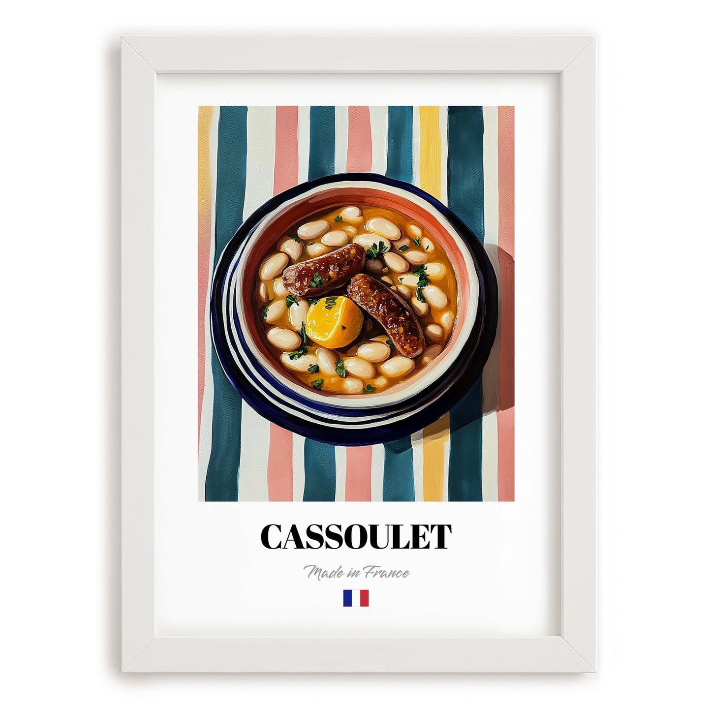 Cassoulet – on Striped Tablecloth, French Food Painting, placed in minimal white frame