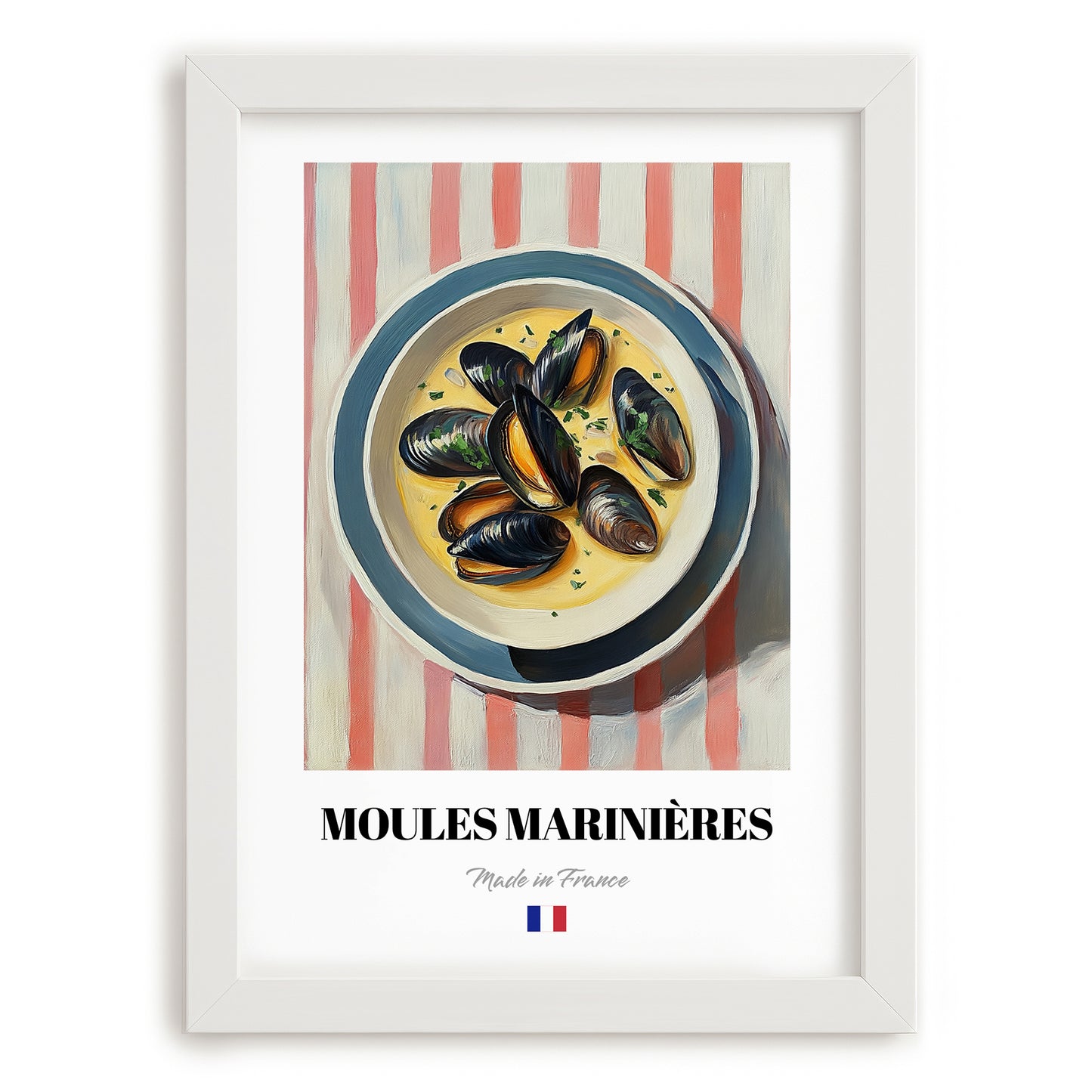 Moules Marinières – on Striped Tablecloth, French Food Art, placed in minimal white frame