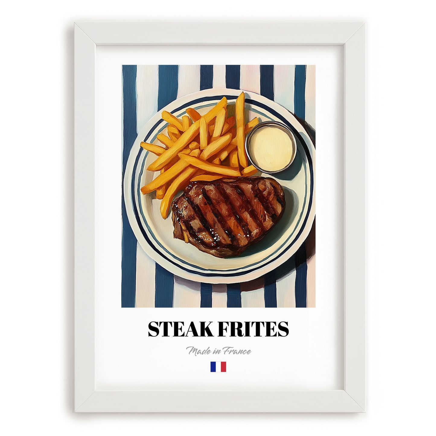 Steak Frites – on Striped Tablecloth, French Food Painting, placed in minimal white frame