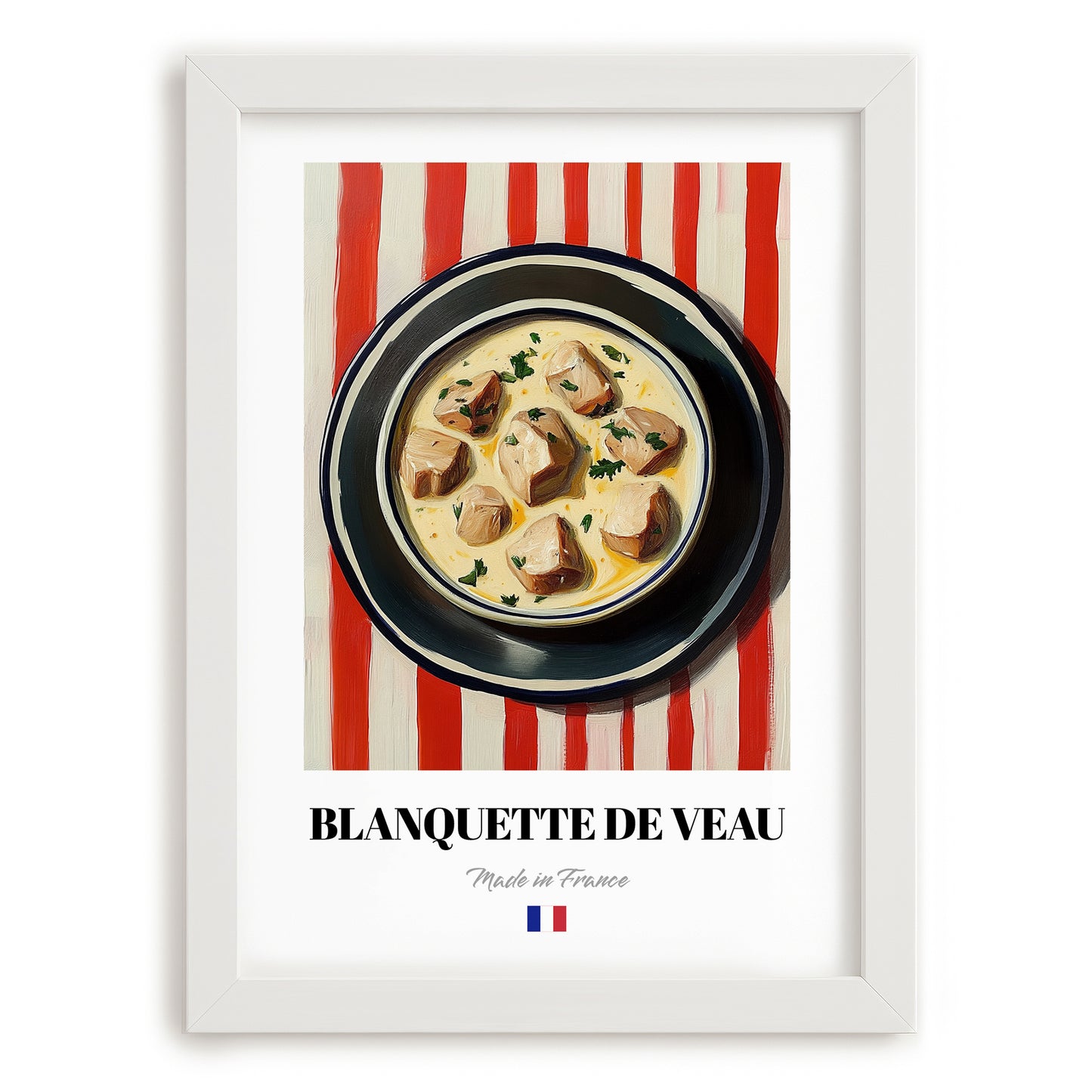 Blanquette de Veau – on Striped Tablecloth, French Food Illustration, placed in minimal white frame