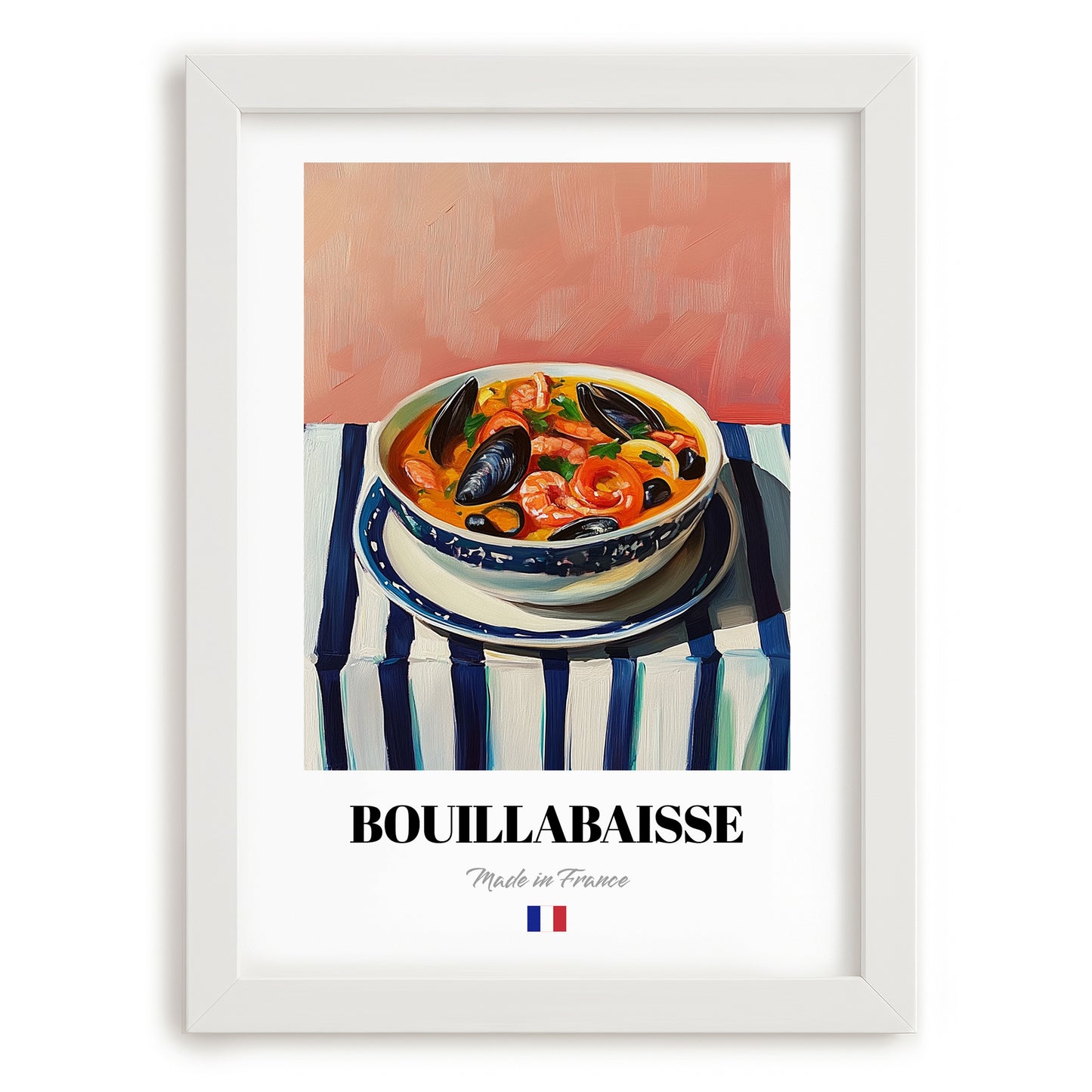 Bouillabaisse – on Striped Tablecloth, French Food Wall Art, placed in minimal white frame