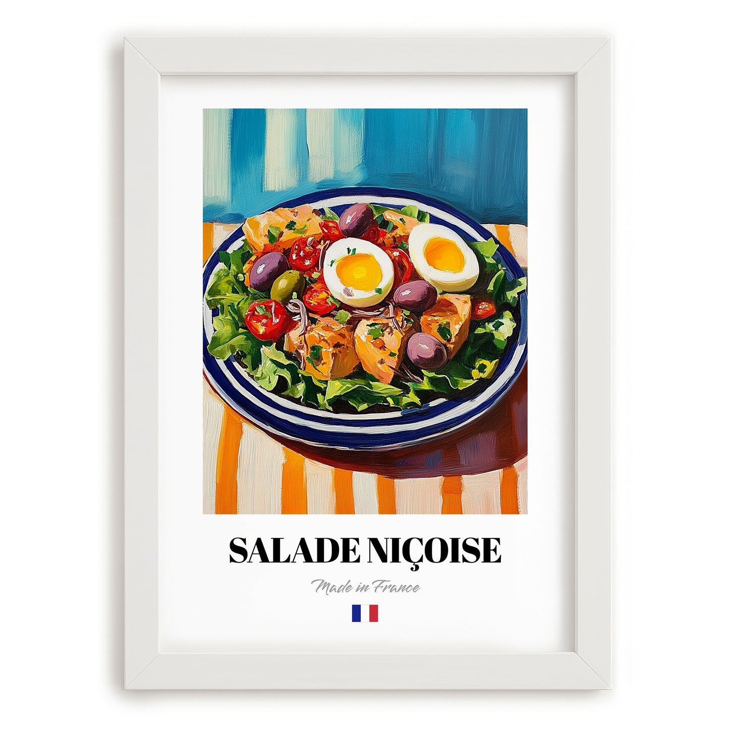 Salade Niçoise – Colorful Oil Painting, French Food Wall Decor, placed in minimal white frame