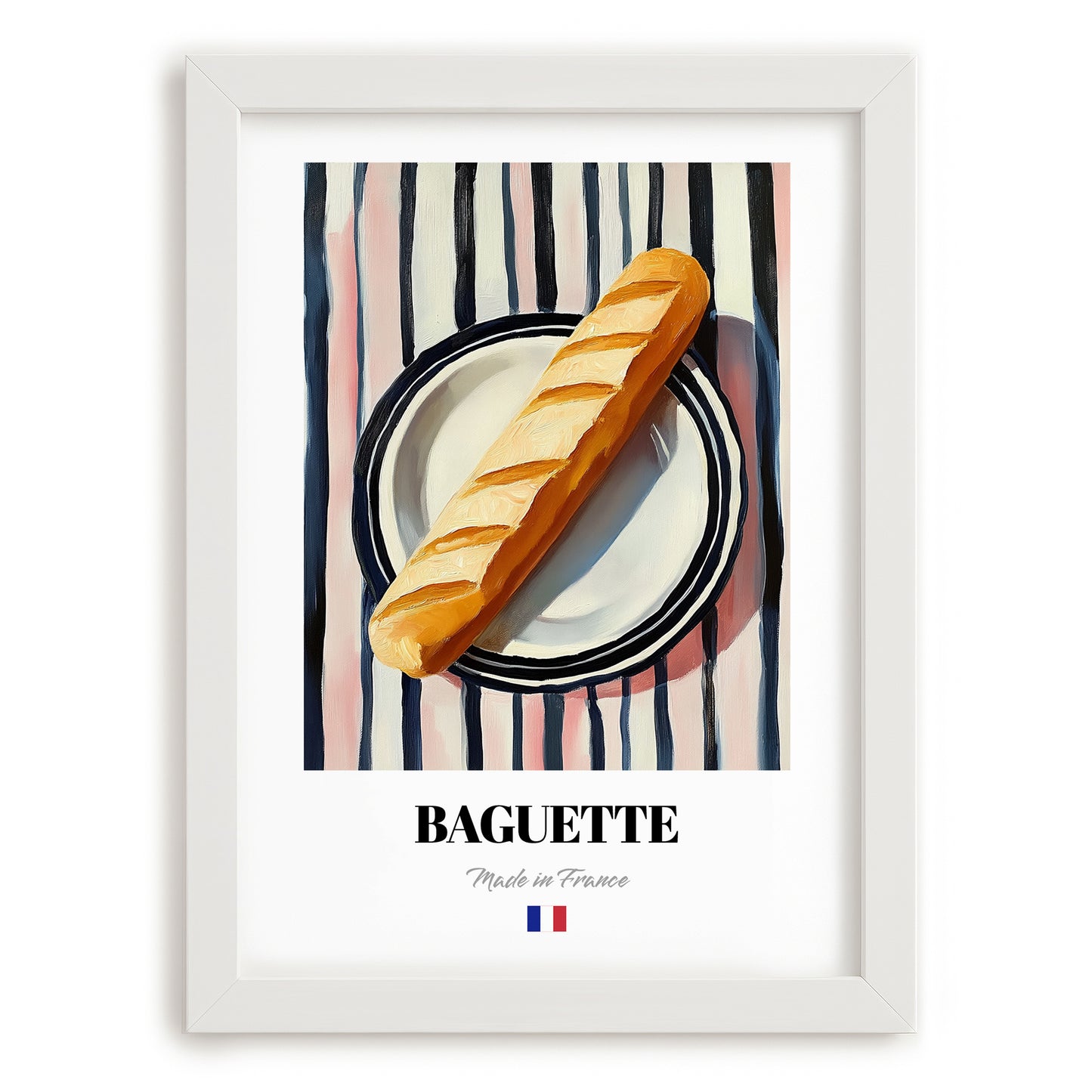 Baguette – on Striped Tablecloth, French Food Illustration, placed in minimal white frame