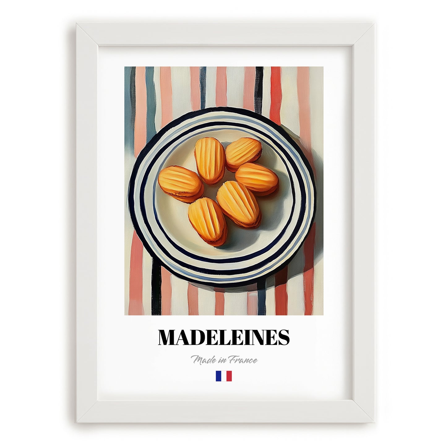 Madeleines – on Striped Tablecloth, French French Pastry Wall Decor, placed in minimal white frame