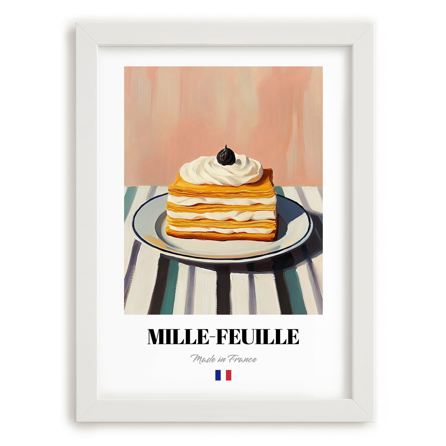 Mille-Feuille – on Striped Tablecloth, French French Pastry Illustration, placed in minimal white frame