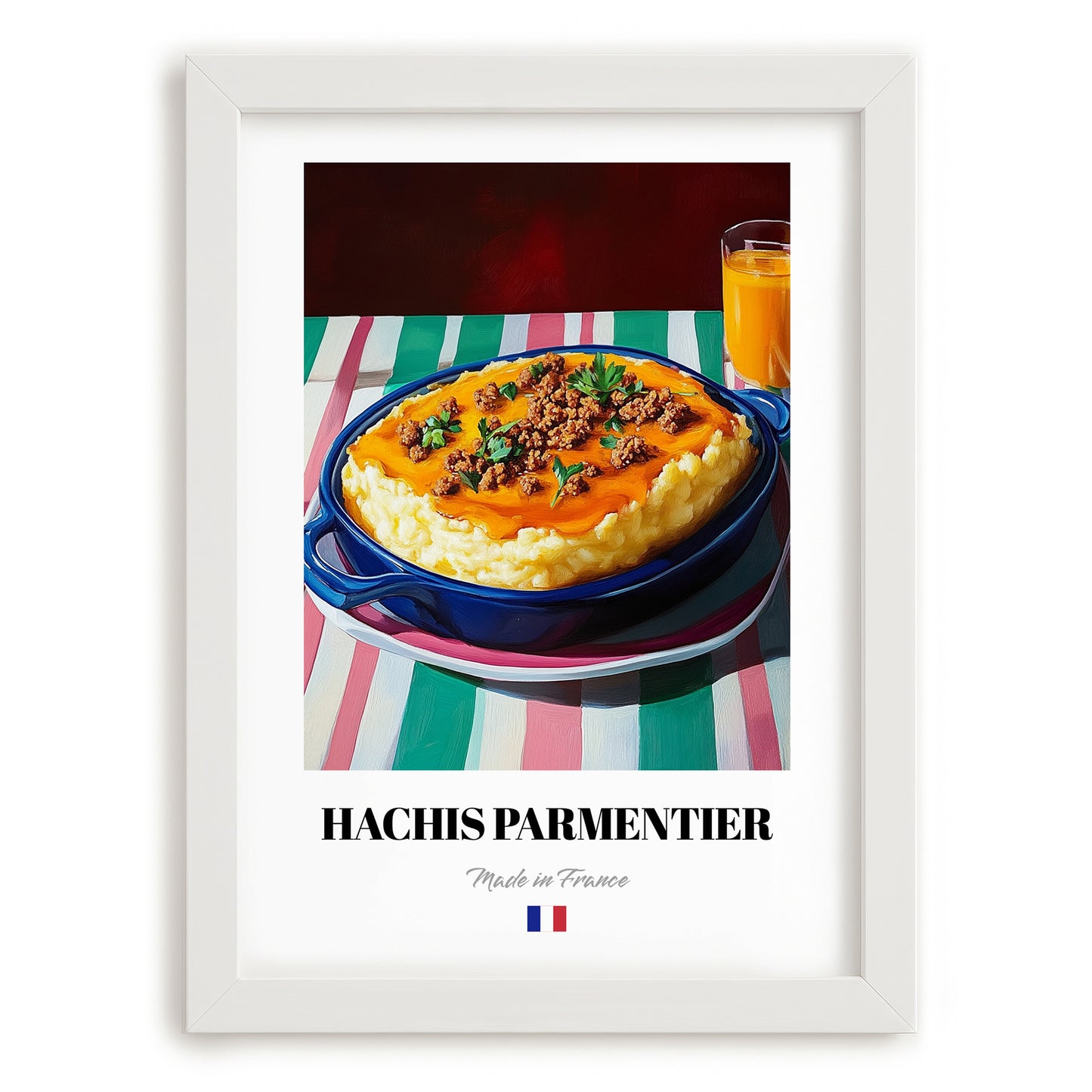 Hachis Parmentier – Oil Painting, French Food Poster, placed in minimal white frame