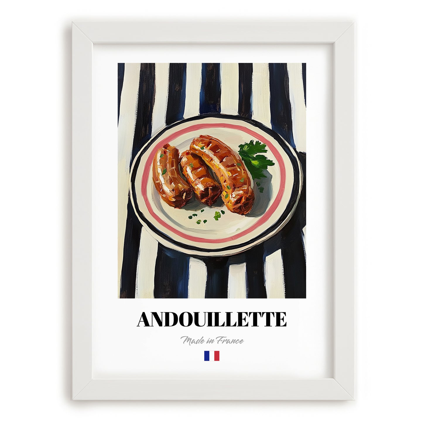 Andouillette – on Striped Tablecloth, French Food Wall Decor, placed in minimal white frame