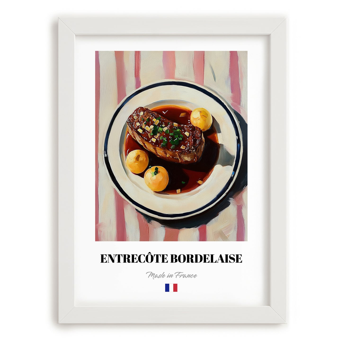 Entrecôte Bordelaise – Art, French Food Wall Decor, placed in minimal white frame
