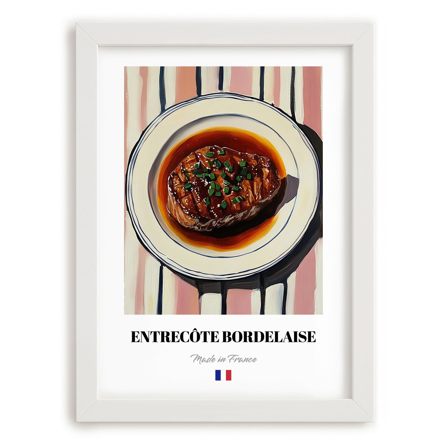 Entrecôte Bordelaise – on Striped Tablecloth, French Food Illustration, placed in minimal white frame