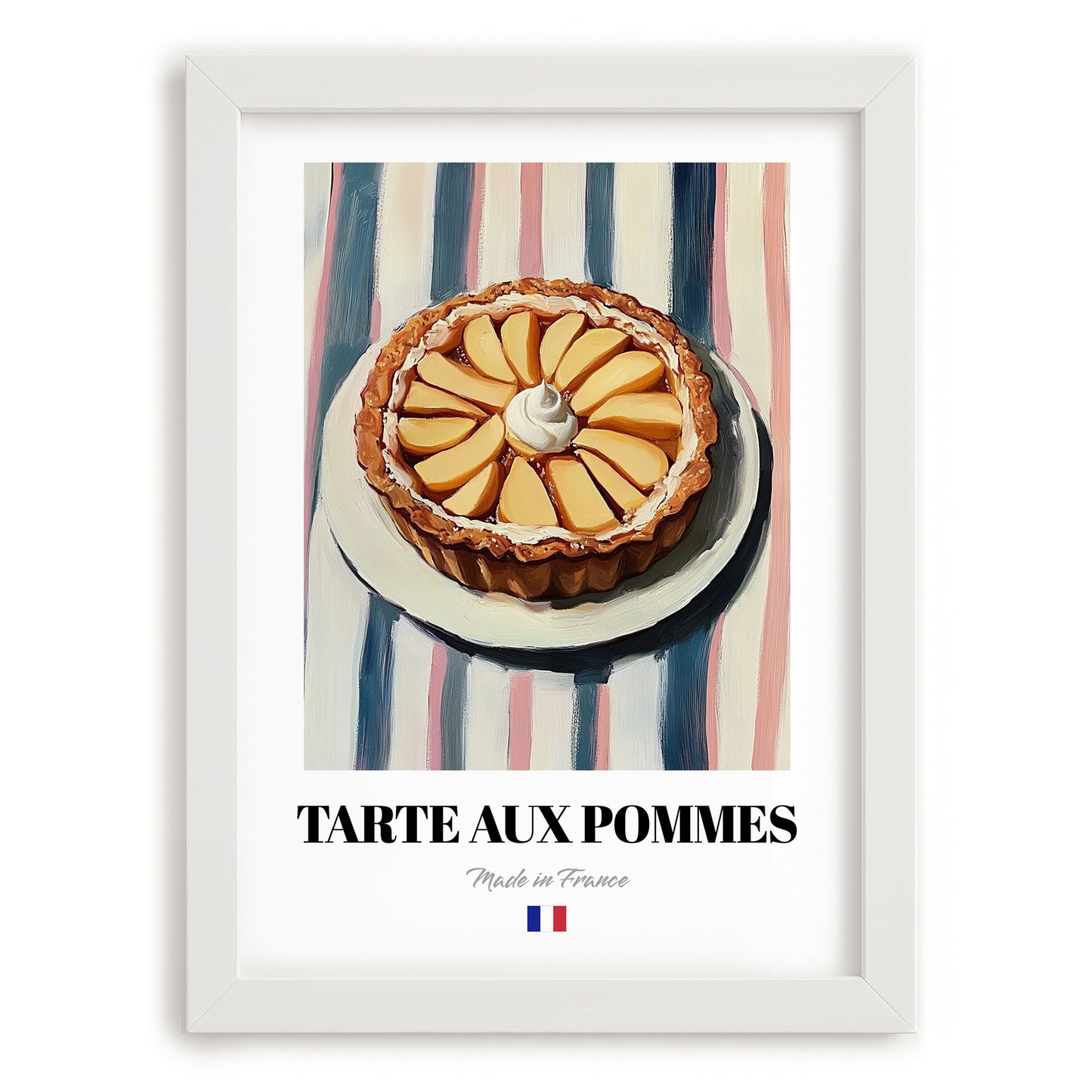 Tarte aux Pommes – on Striped Tablecloth, French French Dessert Wall Decor, placed in minimal white frame