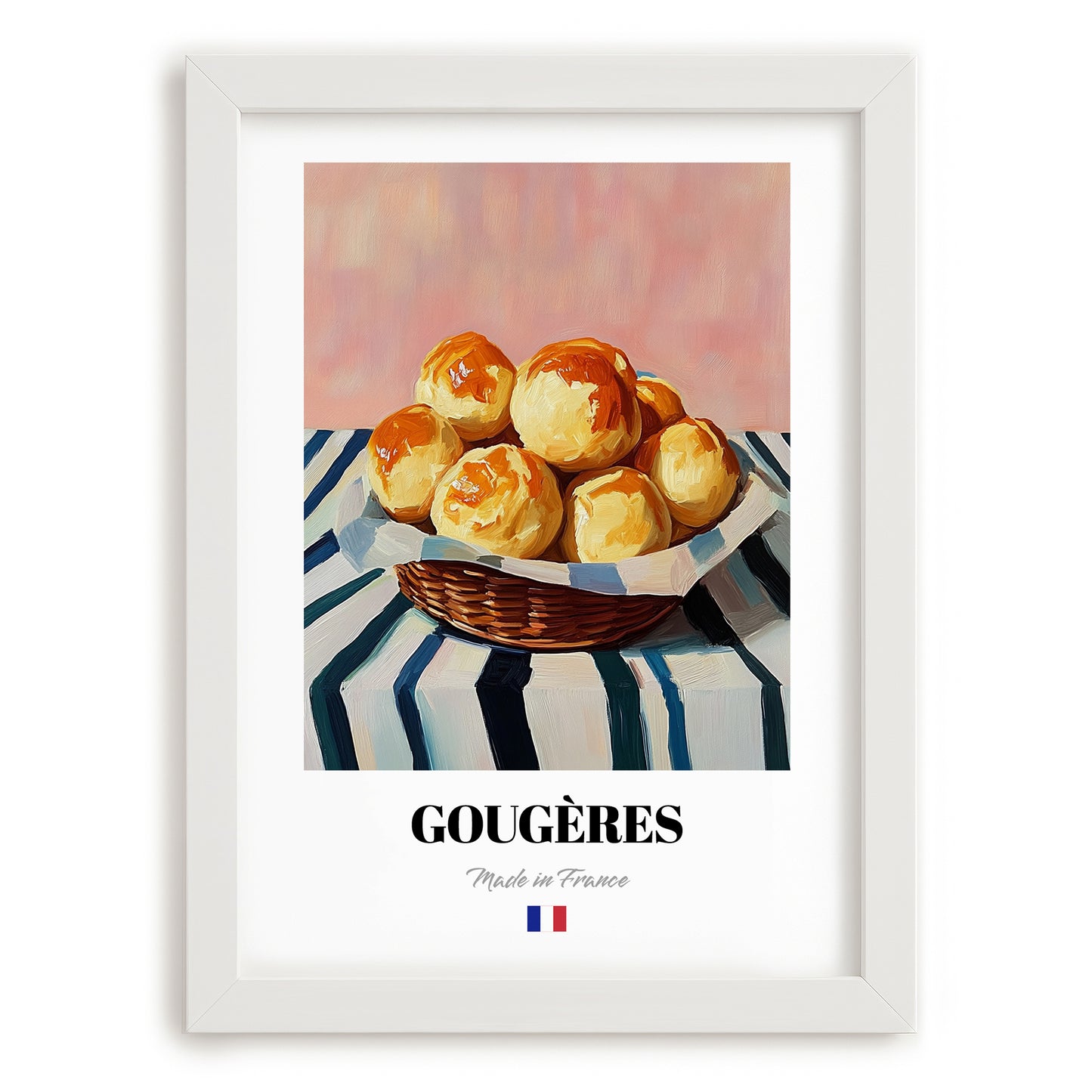 Gougères – on Striped Tablecloth, French French Pastry Still Life, placed in minimal white frame