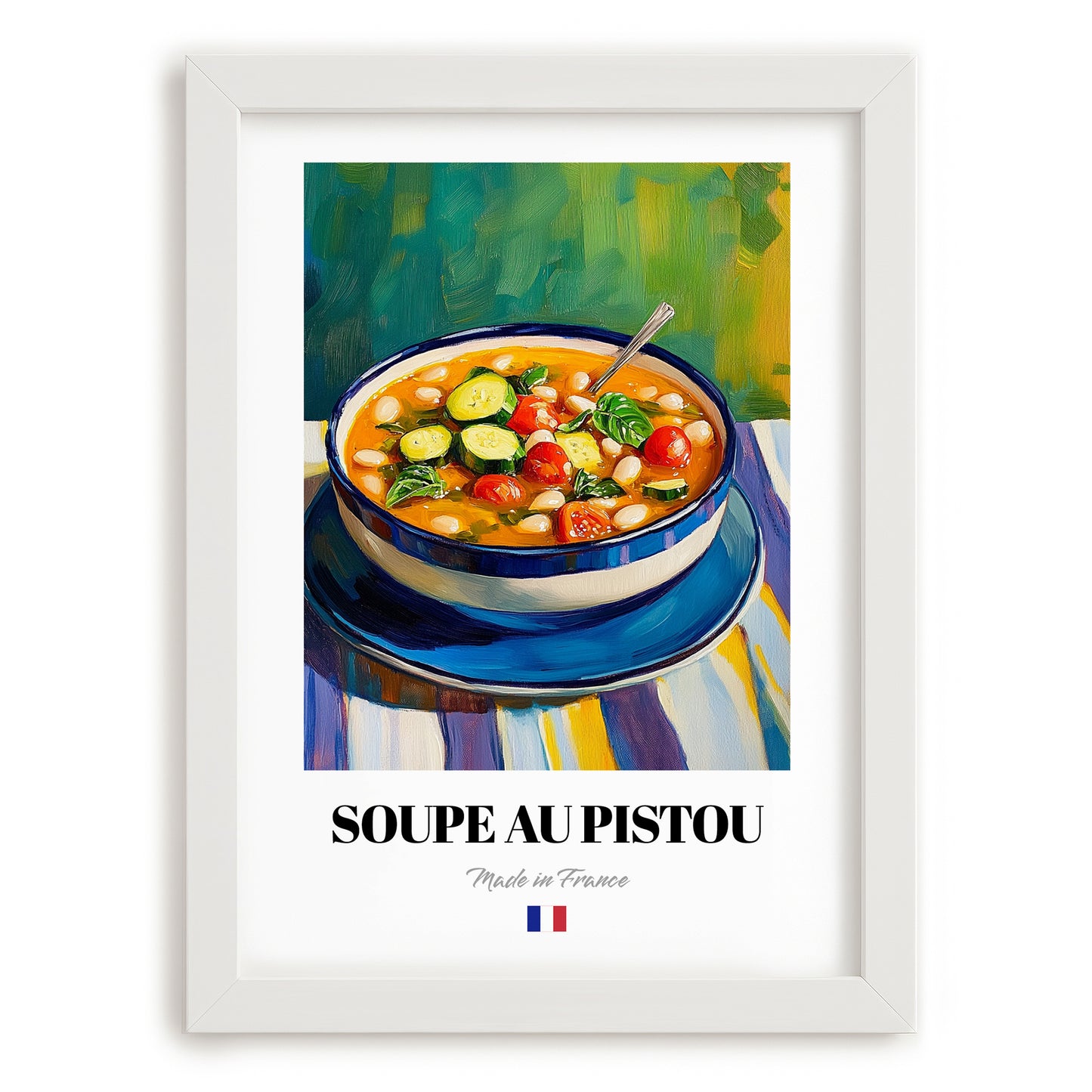 Soupe au Pistou – Colorful Oil Painting, French Food Still Life, placed in minimal white frame