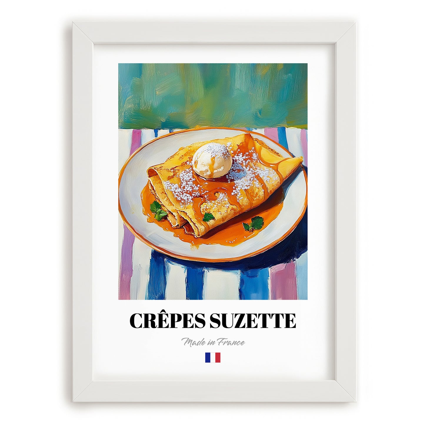 Crêpes Suzette – Art, French French Dessert Painting, placed in minimal white frame