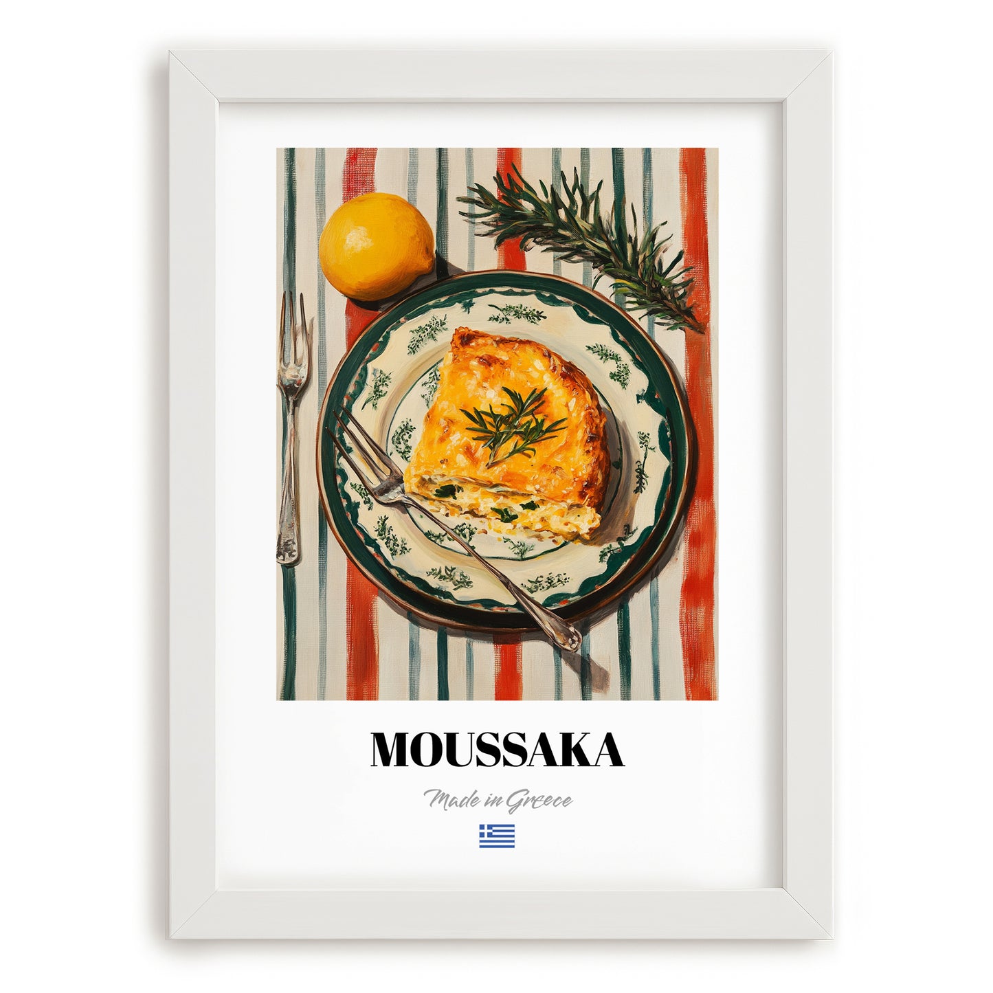Moussaka – on Striped Tablecloth, Greek Food Print, placed in minimal white frame