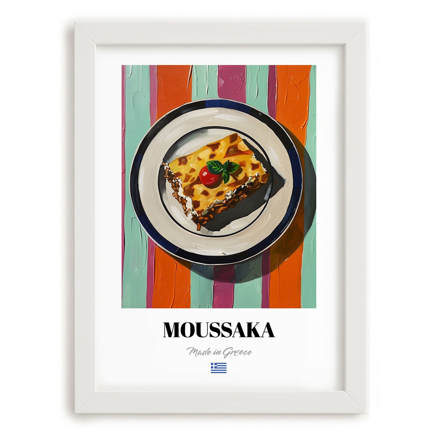 Moussaka – on Striped Tablecloth, Greek Food Still Life, placed in minimal white frame