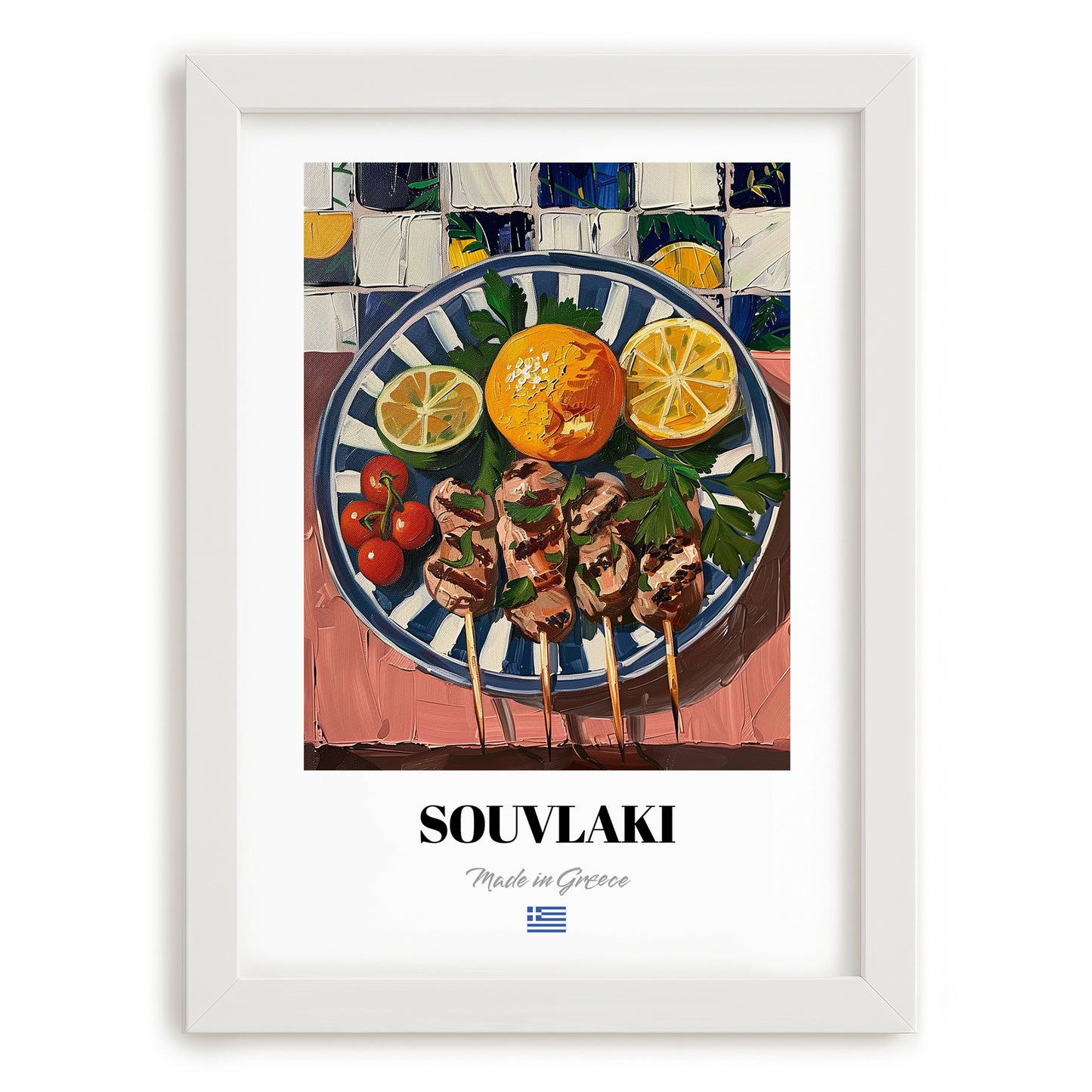 Souvlaki – Oil Painting, Greek Food Wall Decor, placed in minimal white frame