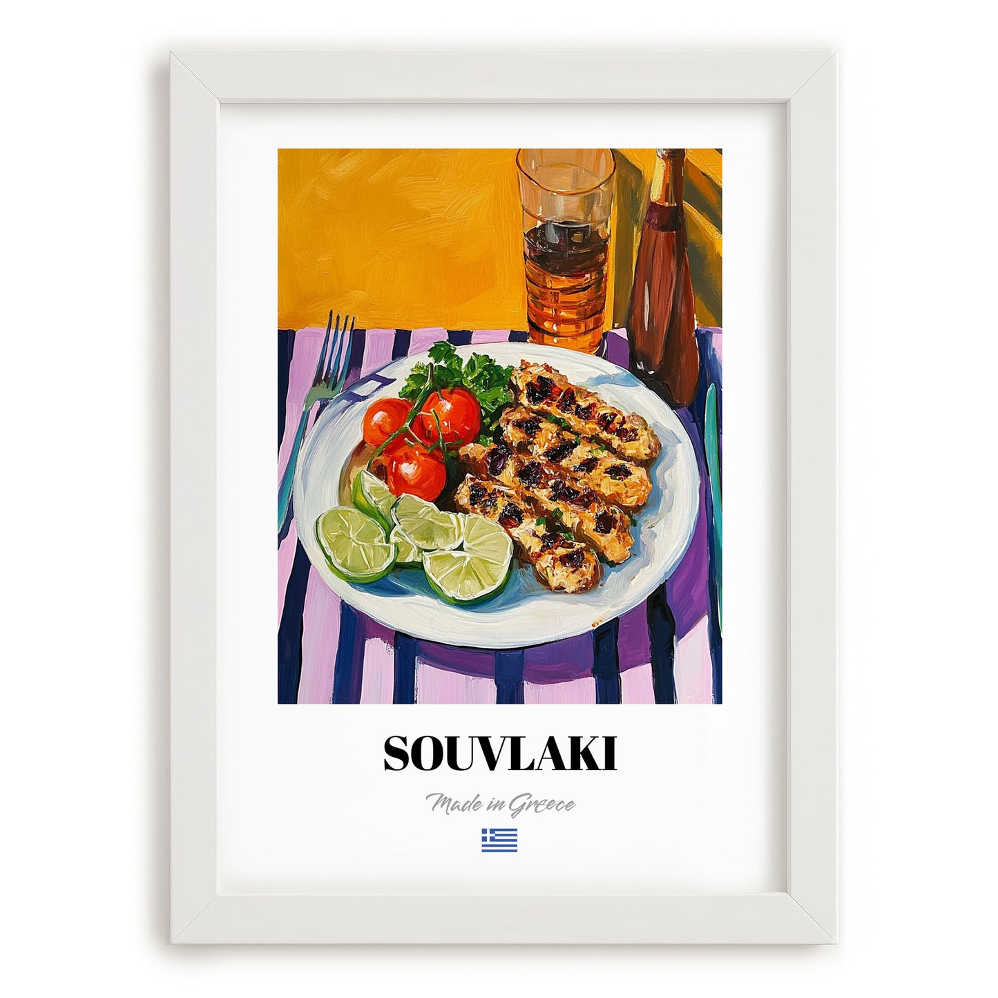 Souvlaki – Colorful Oil Painting, Greek Food Poster, placed in minimal white frame