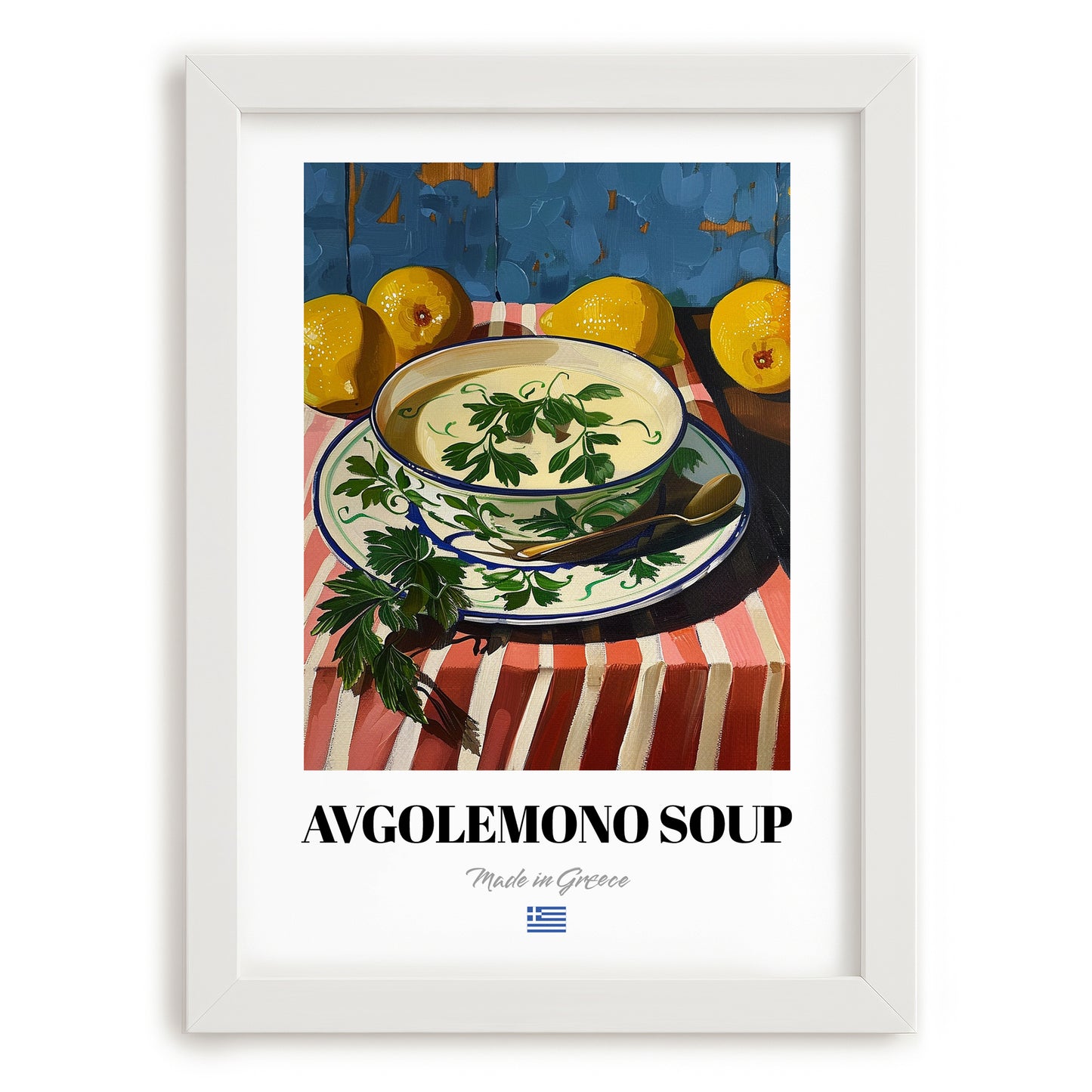 Avgolemono Soup – Oil Painting, Greek Food Still Life, placed in minimal white frame