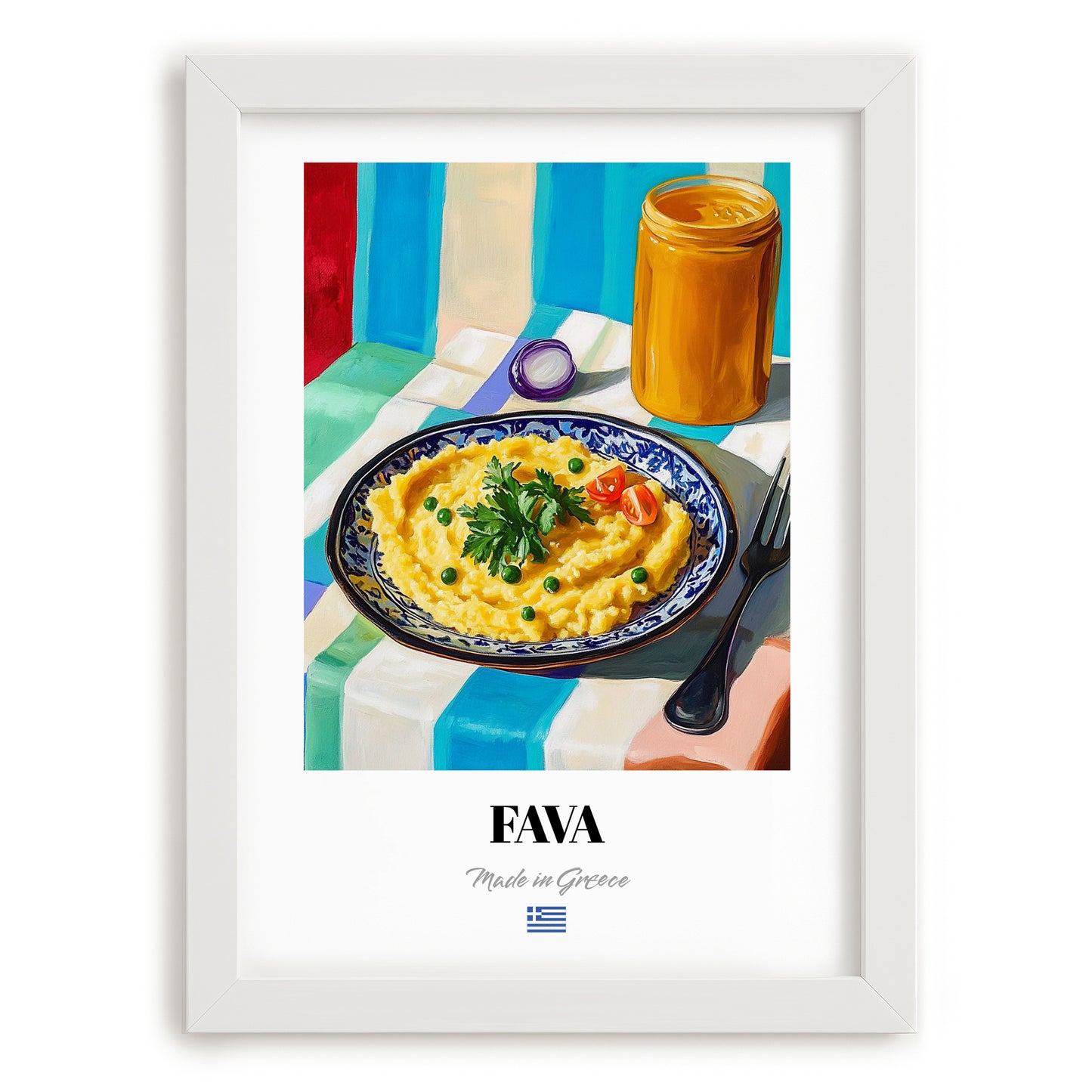 Fava – Colorful Oil Painting, Greek Food Wall Decor, placed in minimal white frame