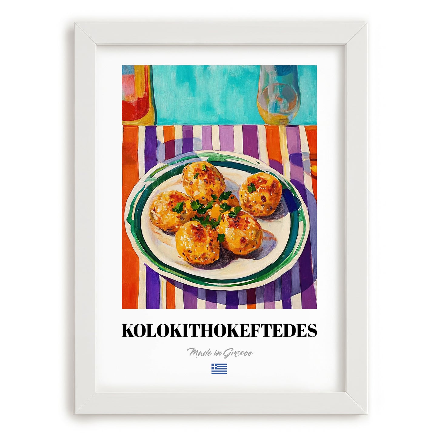 Kolokithokeftedes – Oil Painting, Greek Food Illustration, placed in minimal white frame