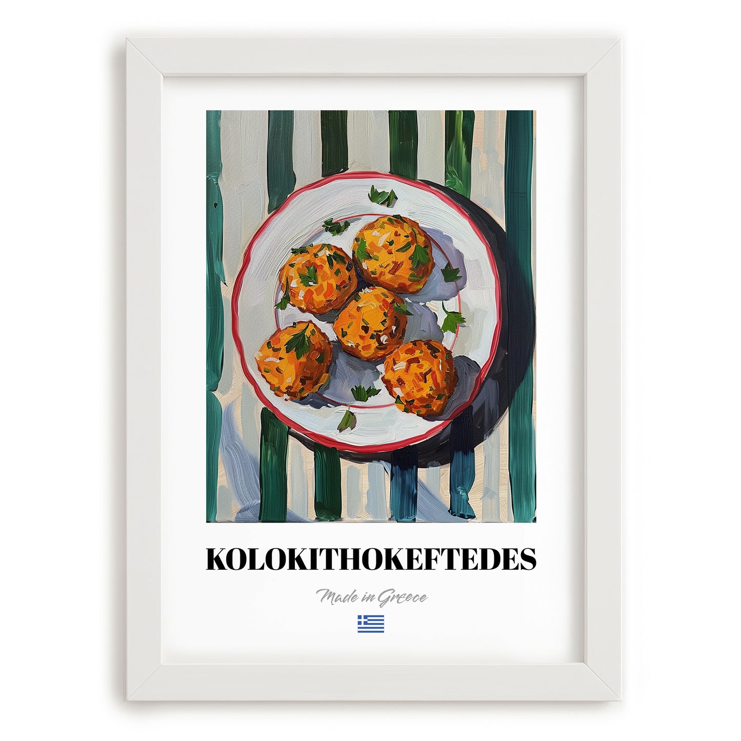 Kolokithokeftedes – on Striped Tablecloth, Greek Food Illustration, placed in minimal white frame