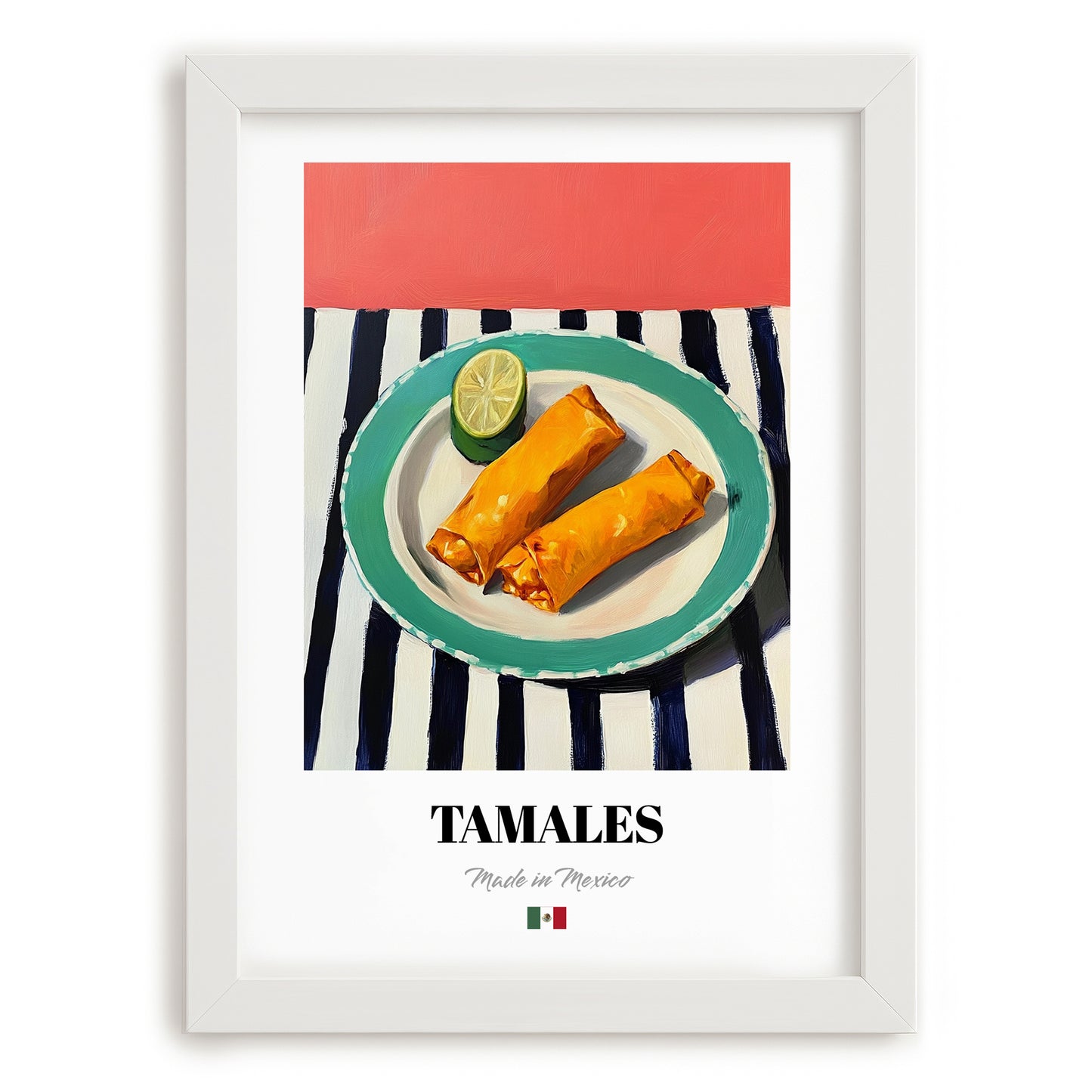 Tamales – on Striped Tablecloth, Mexican Food Wall Decor, placed in minimal white frame