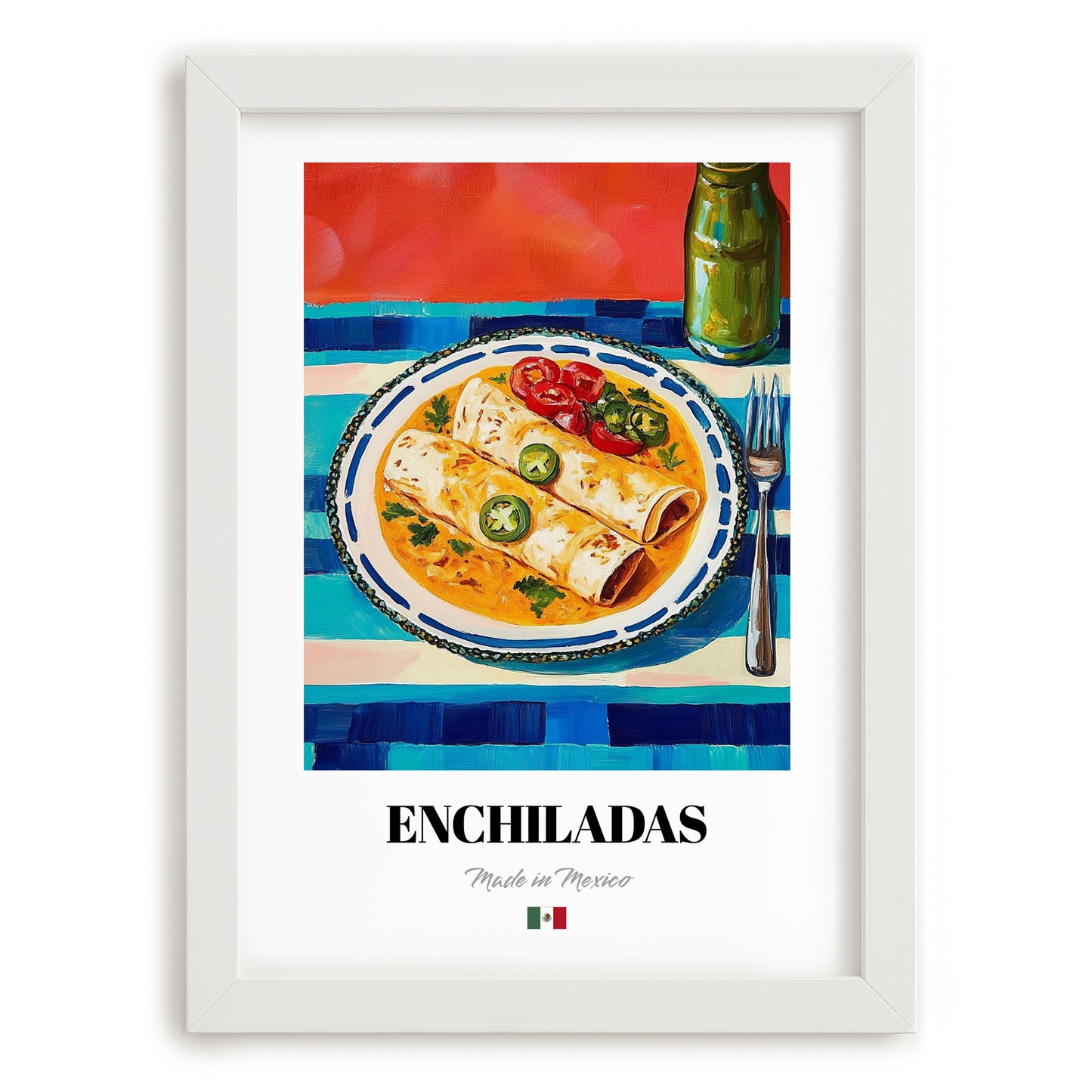 Enchiladas – Colorful Oil Painting, Mexican Food Painting, placed in minimal white frame