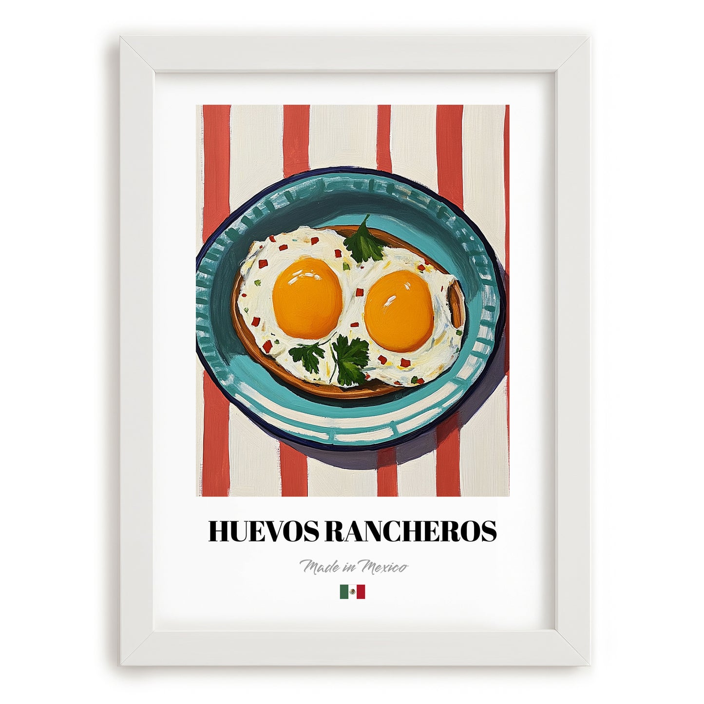 Huevos Rancheros – on Striped Tablecloth, Mexican Food Illustration, placed in minimal white frame
