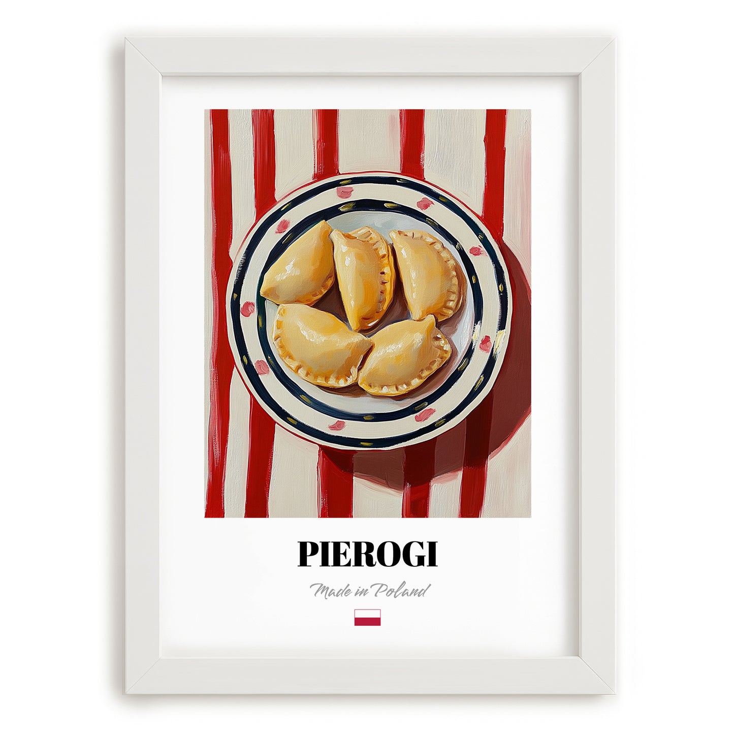 Pierogi – on Striped Tablecloth, Polish Pastry Painting, placed in minimal white frame