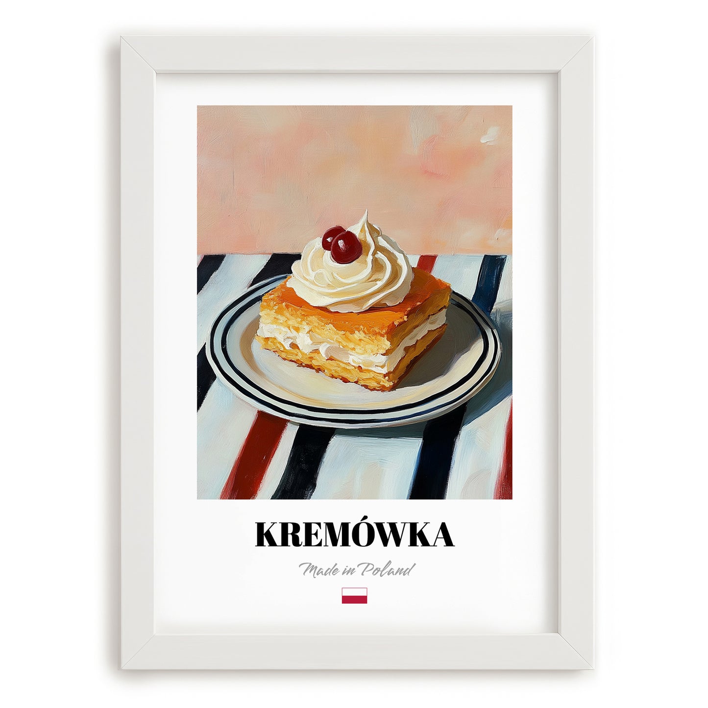 Kremówka (Napoleonka) – on Striped Tablecloth, Polish Dessert Painting, placed in minimal white frame