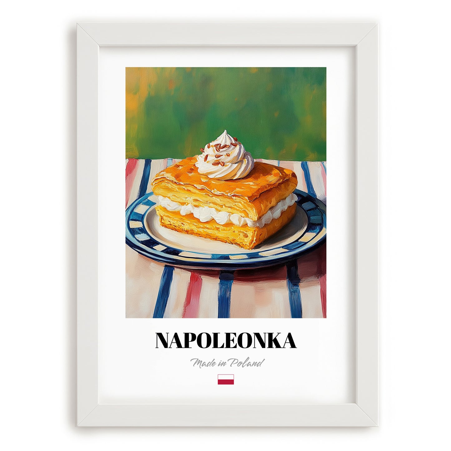 Kremówka (Napoleonka) – Oil Painting, Polish Dessert Wall Poster, placed in minimal white frame