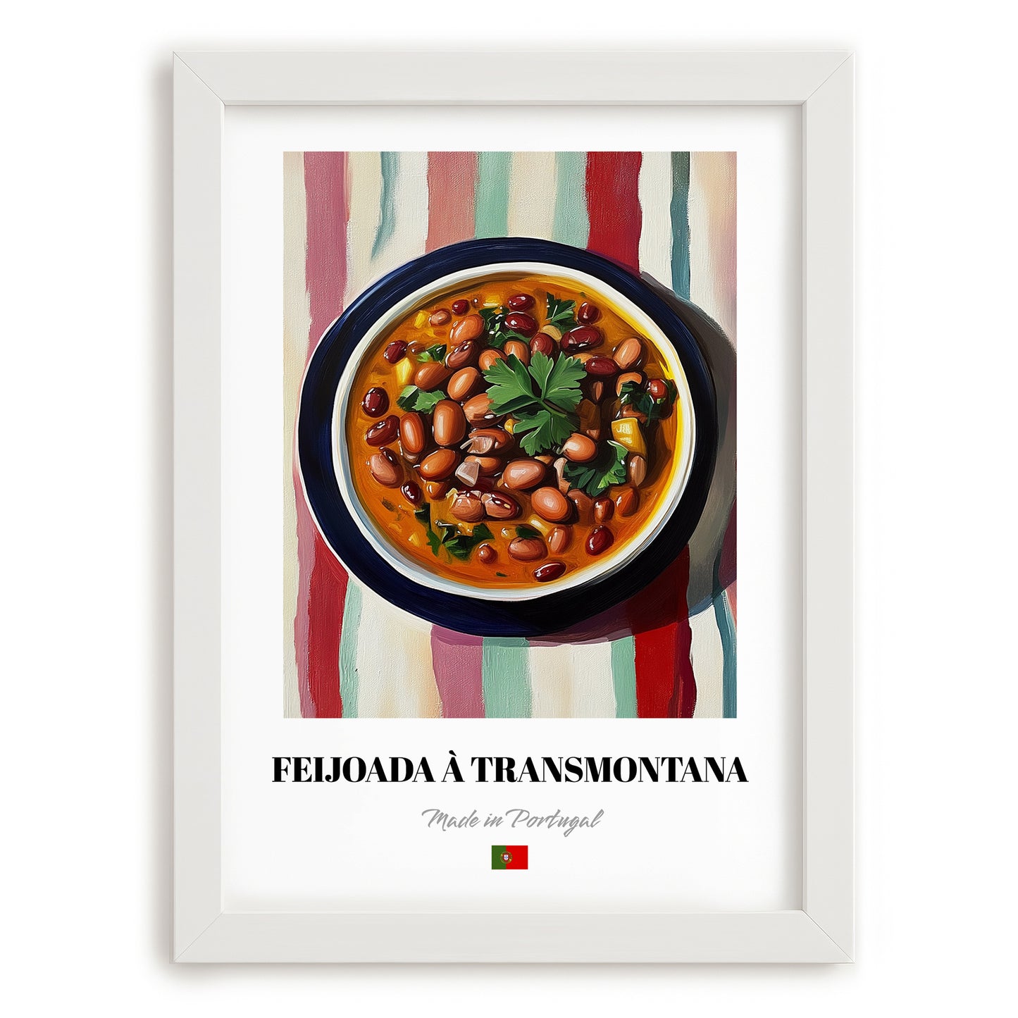 Feijoada à Transmontana – on Striped Tablecloth, Portuguese Food Print, placed in minimal white frame