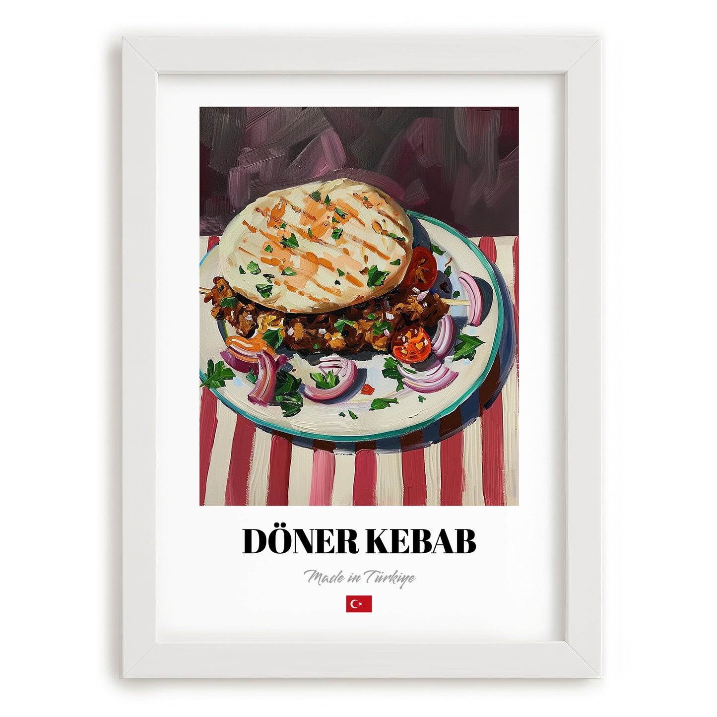 Döner Kebab – on Striped Tablecloth, Turkish Food Painting, placed in minimal white frame