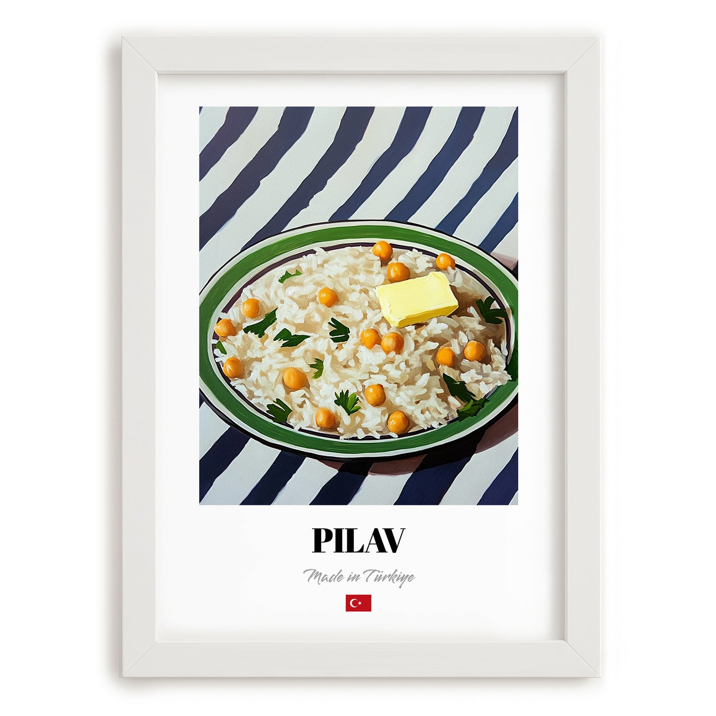 Pilav – on Striped Tablecloth, Turkish Food Print, placed in minimal white frame