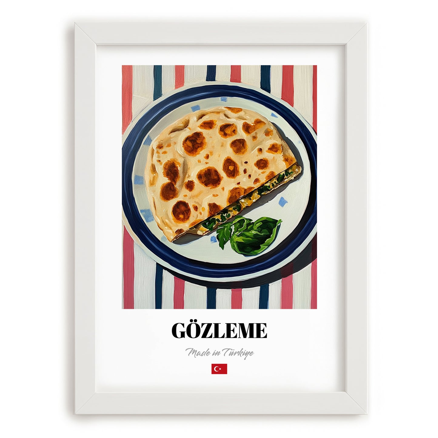 Gözleme – on Striped Tablecloth, Turkish Pastry Wall Decor, placed in minimal white frame