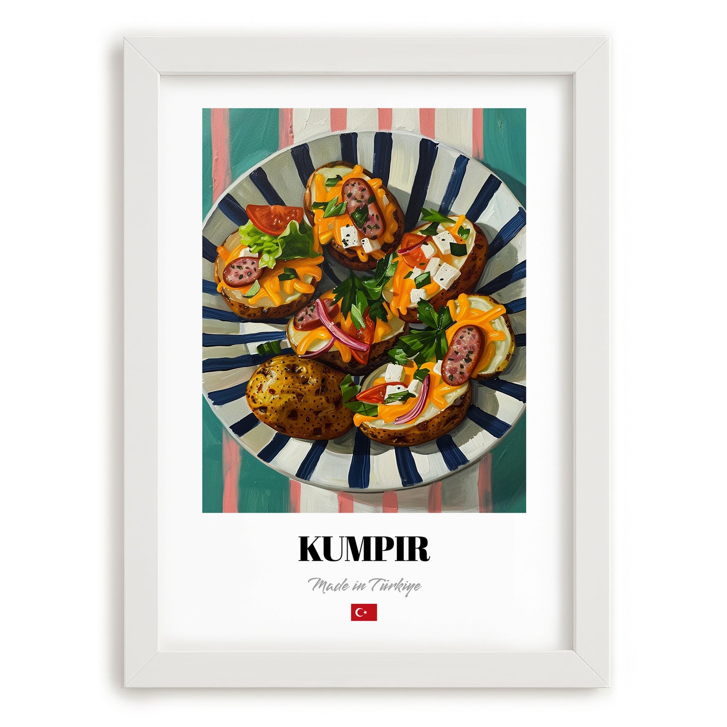 Kumpir – on Striped Tablecloth, Turkish Food Wall Decor, placed in minimal white frame