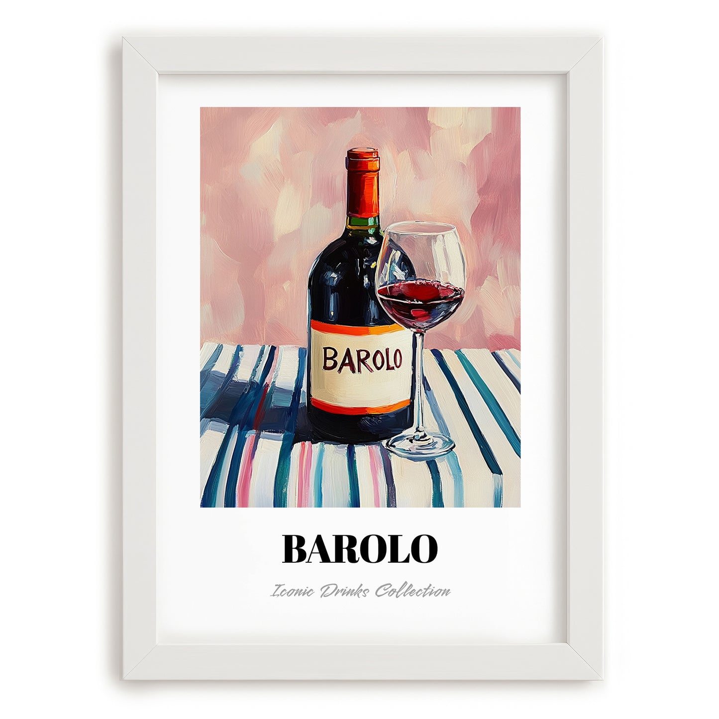 Barolo – on Striped Tablecloth, Italian Wine Wall Decor, placed in minimal white frame