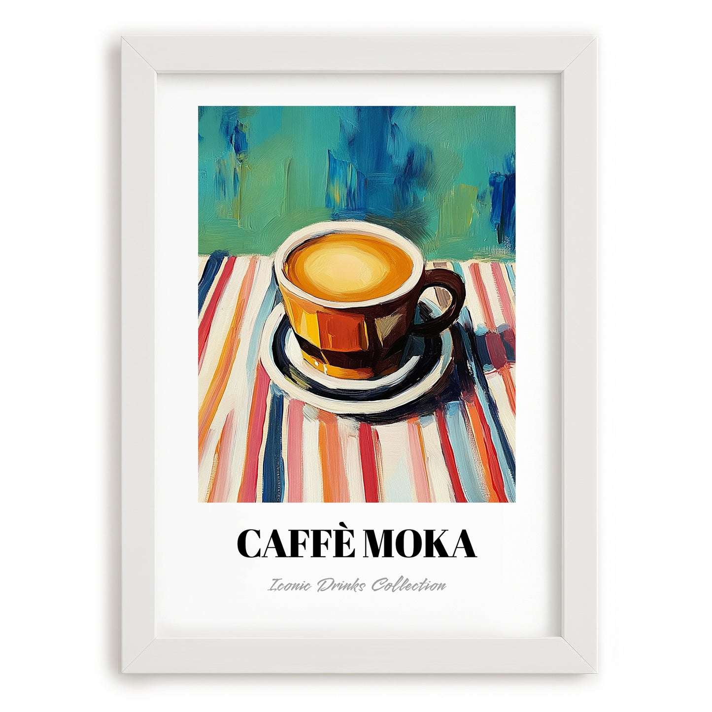 Caffè Moka – on Striped Tablecloth, Italian Coffee Illustration, placed in minimal white frame