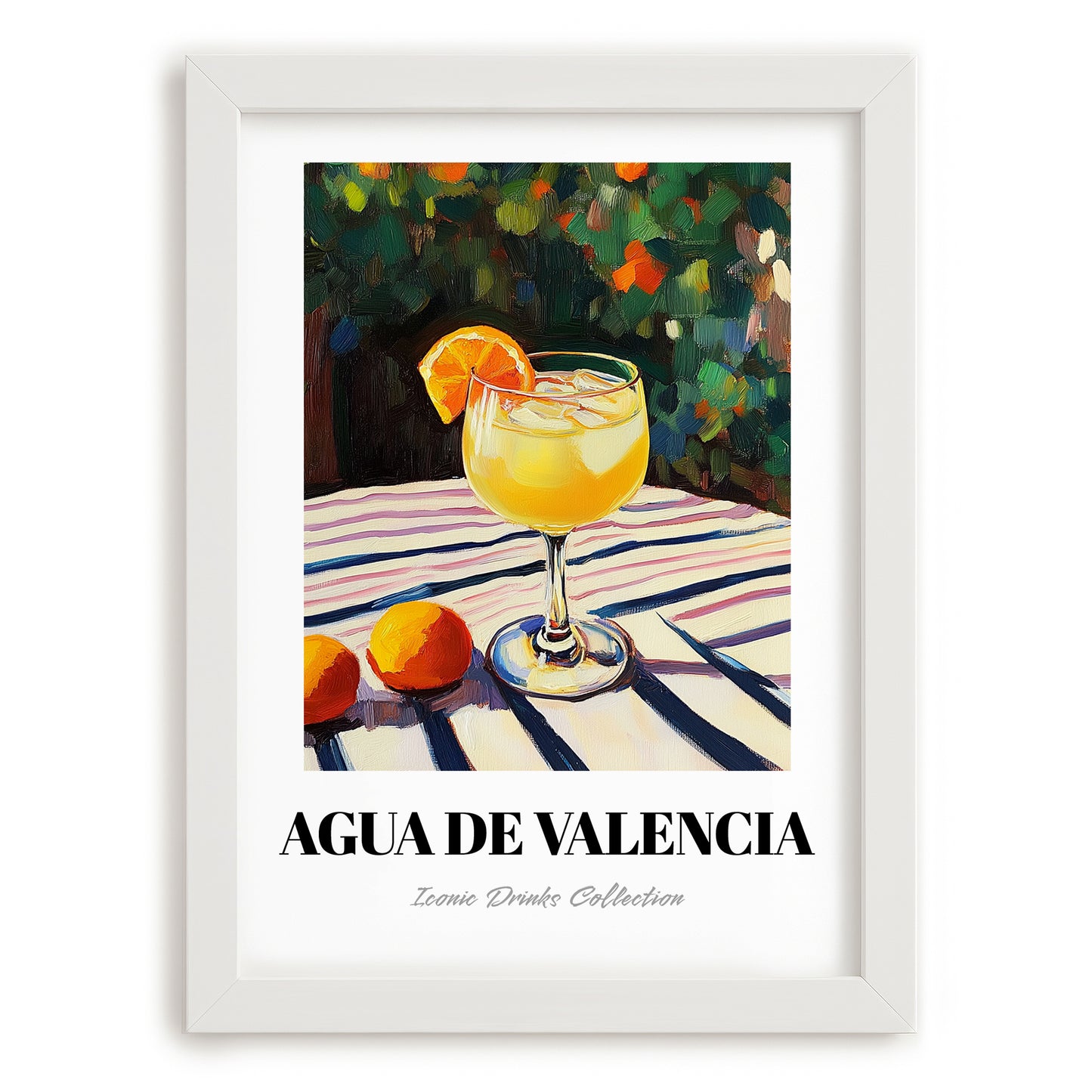 Agua De Valencia – Spanish Garden Café Scene, Spanish Cocktail Still Life, placed in minimal white frame