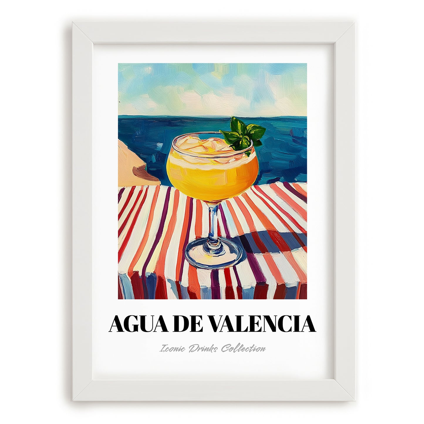 Agua De Valencia – Spanish Coastal Café Moment, Spanish Cocktail Illustration, placed in minimal white frame