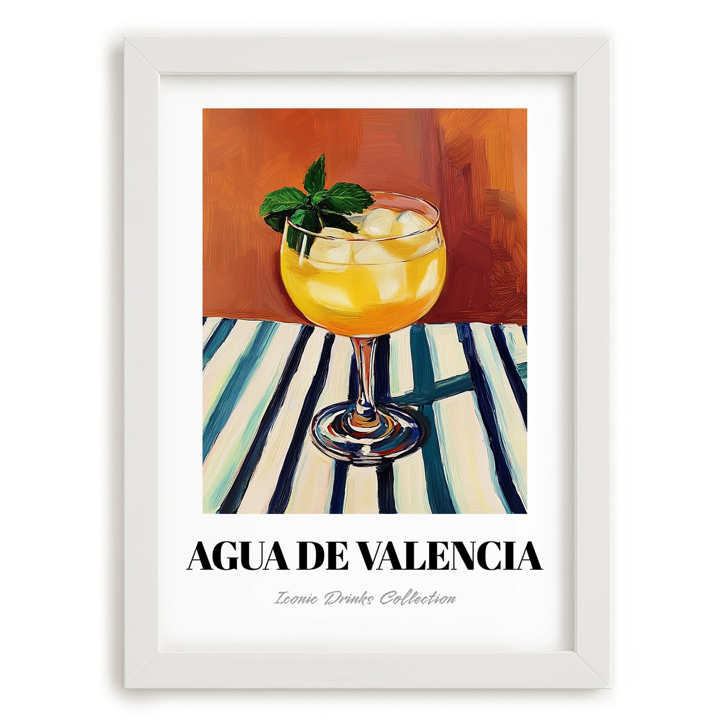 Agua De Valencia – on Striped Tablecloth, Spanish Cocktail Wall Art, placed in minimal white frame