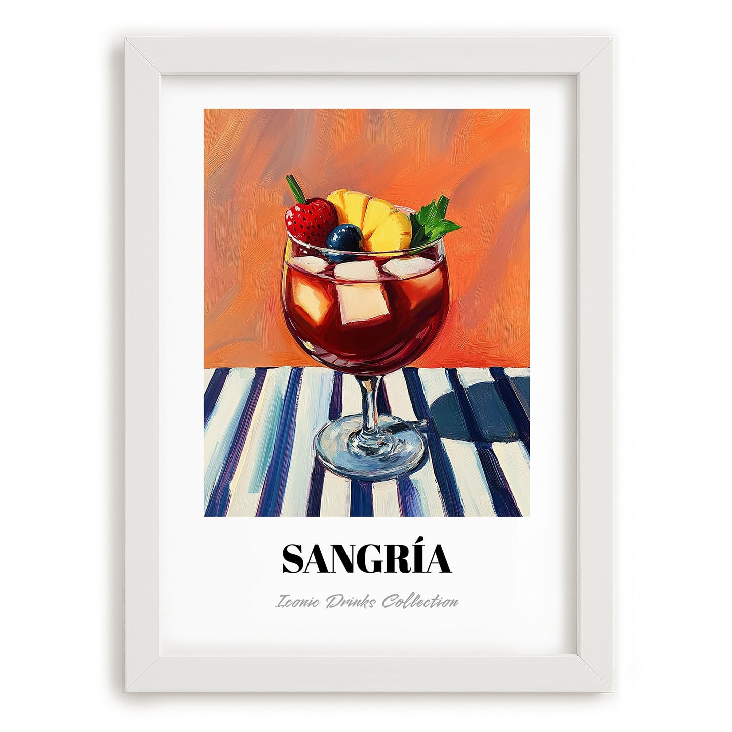 Sangría – on Striped Tablecloth, Spanish Cocktail Illustration, placed in minimal white frame