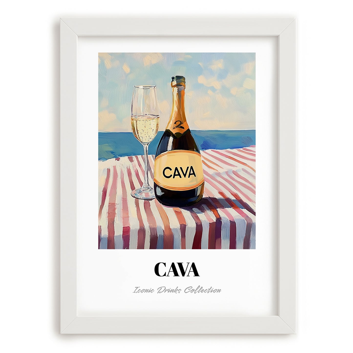 Cava – Spanish Coastal Table, Spanish Wine Poster, placed in minimal white frame