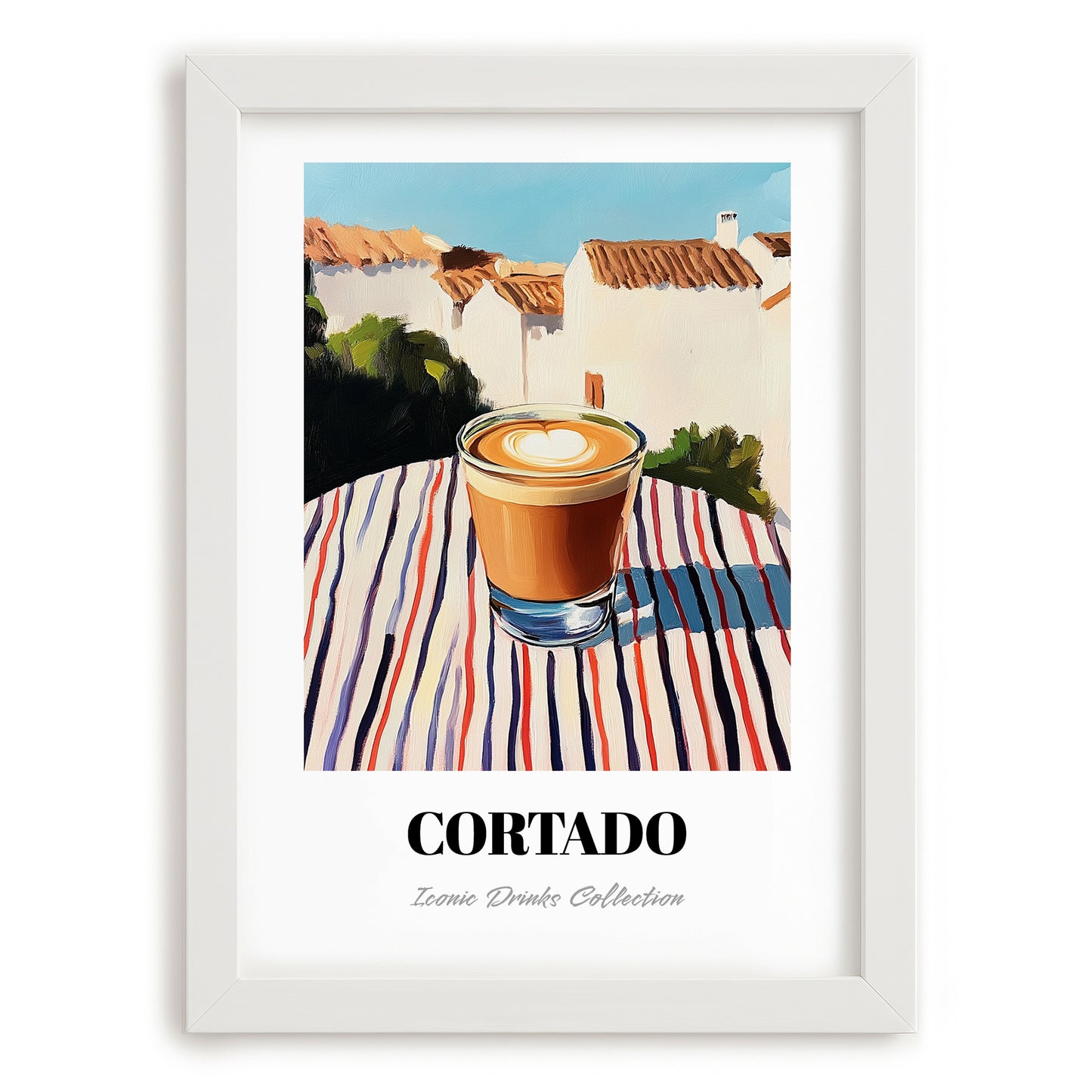 Cortado – Spanish Street Café Scene, Spanish Coffee Art, placed in minimal white frame
