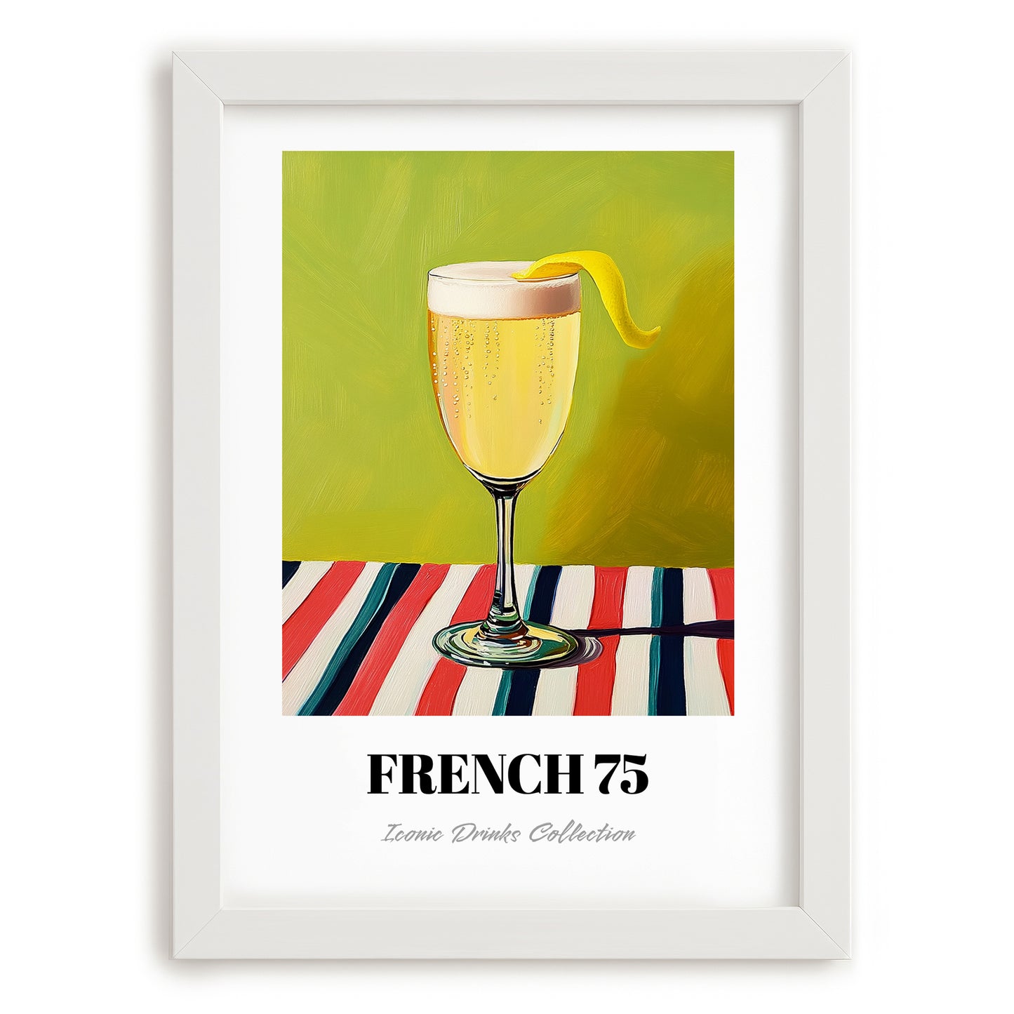 French 75 – on Striped Tablecloth, French Cocktail Still Life, placed in minimal white frame