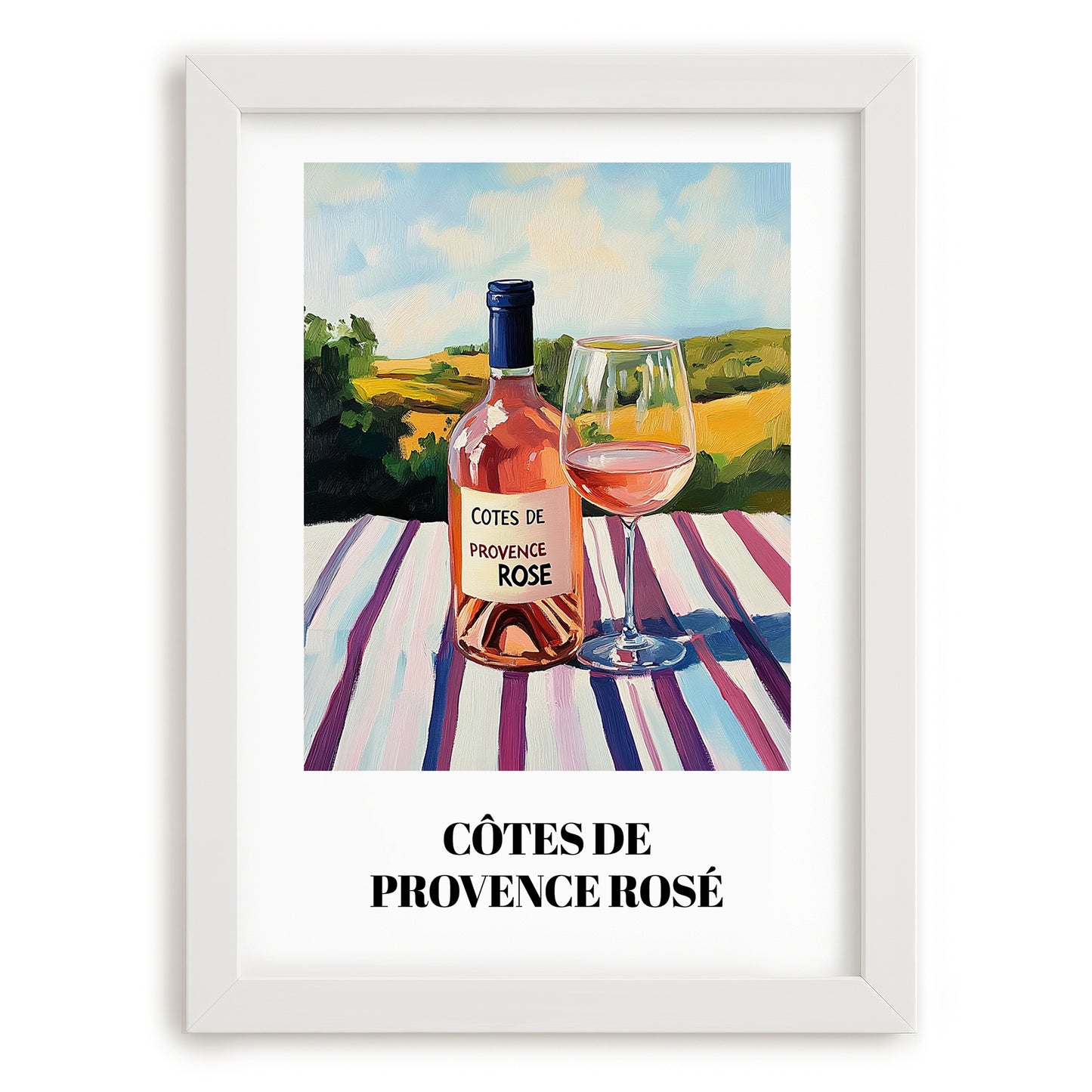 Côtes De Provence Rosé – French Hilltop Café Scene, French Wine Print, placed in minimal white frame