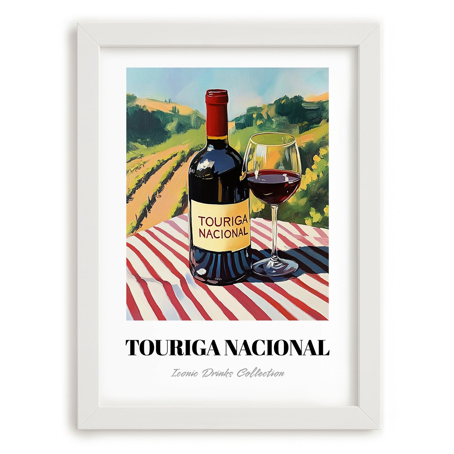 Touriga Nacional – Portuguese Hilltop Table Scene, Portuguese Wine Wall Decor, placed in minimal white frame