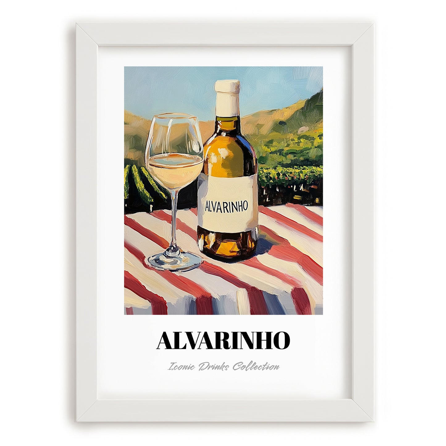 Alvarinho – Portuguese Hillside Café View, Portuguese Wine Wall Illustration, placed in minimal white frame